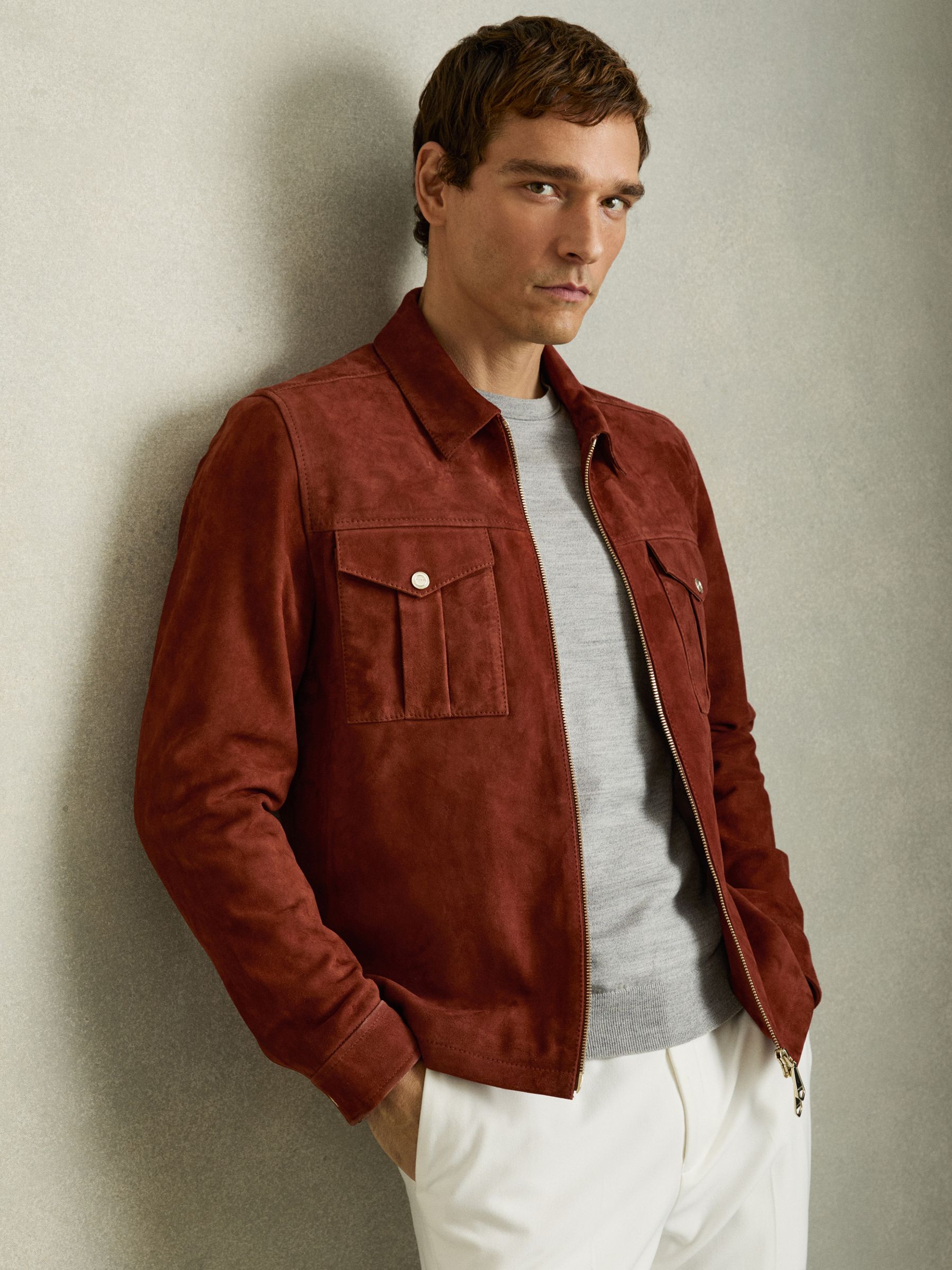 Suede Zip-Through Jacket in Burnt Red - Image 1 of 7