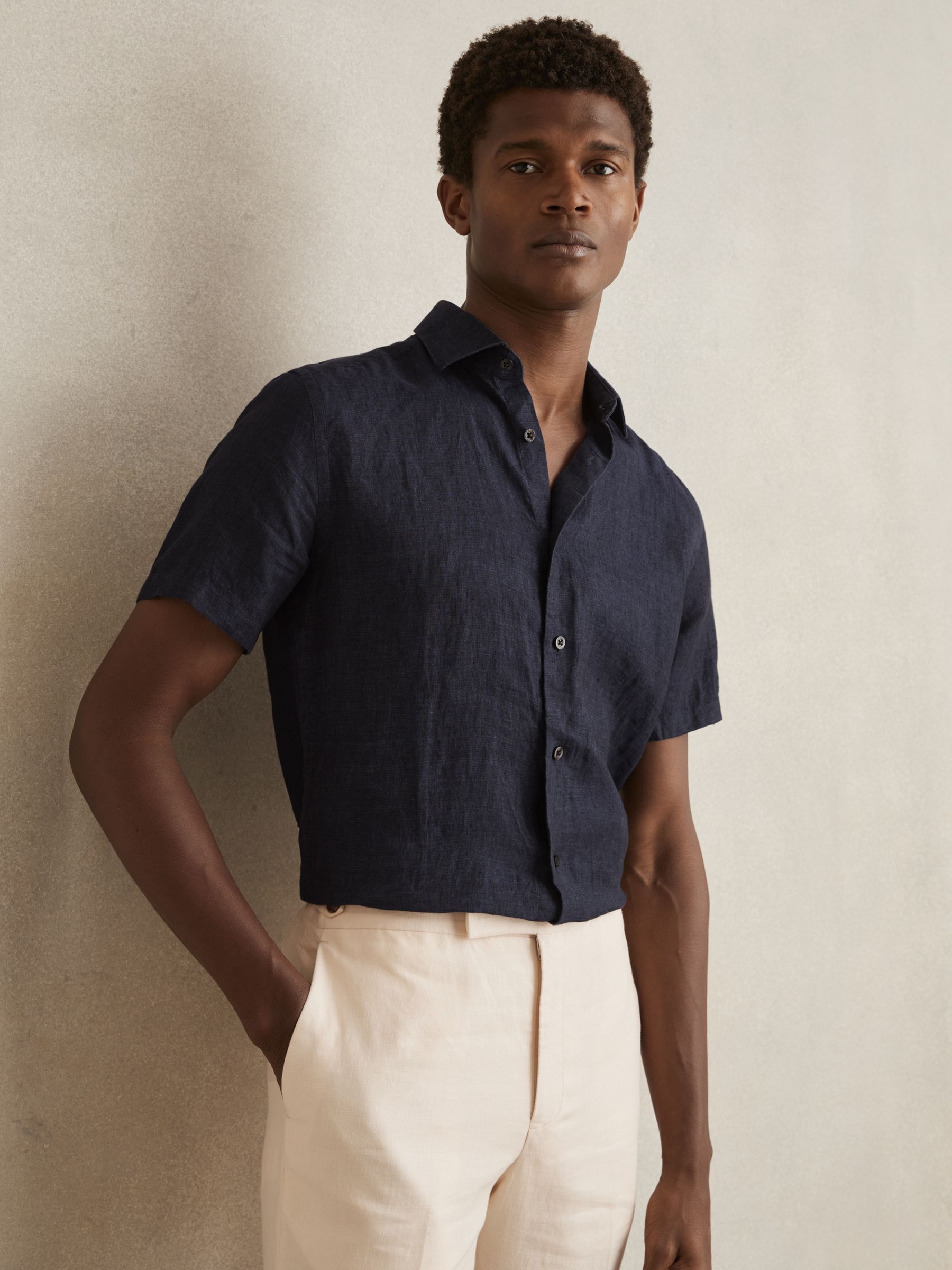 Linen Short-Sleeve Shirt in Navy - Image 1 of 6 Linen Short-Sleeve Shirt in Navy - Image 1 of 6