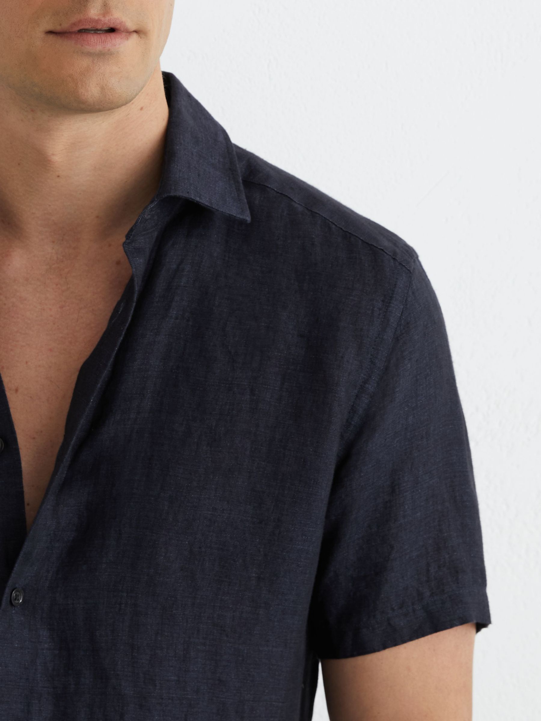 Slim Fit Linen Button-Through Shirt in Navy - image 4