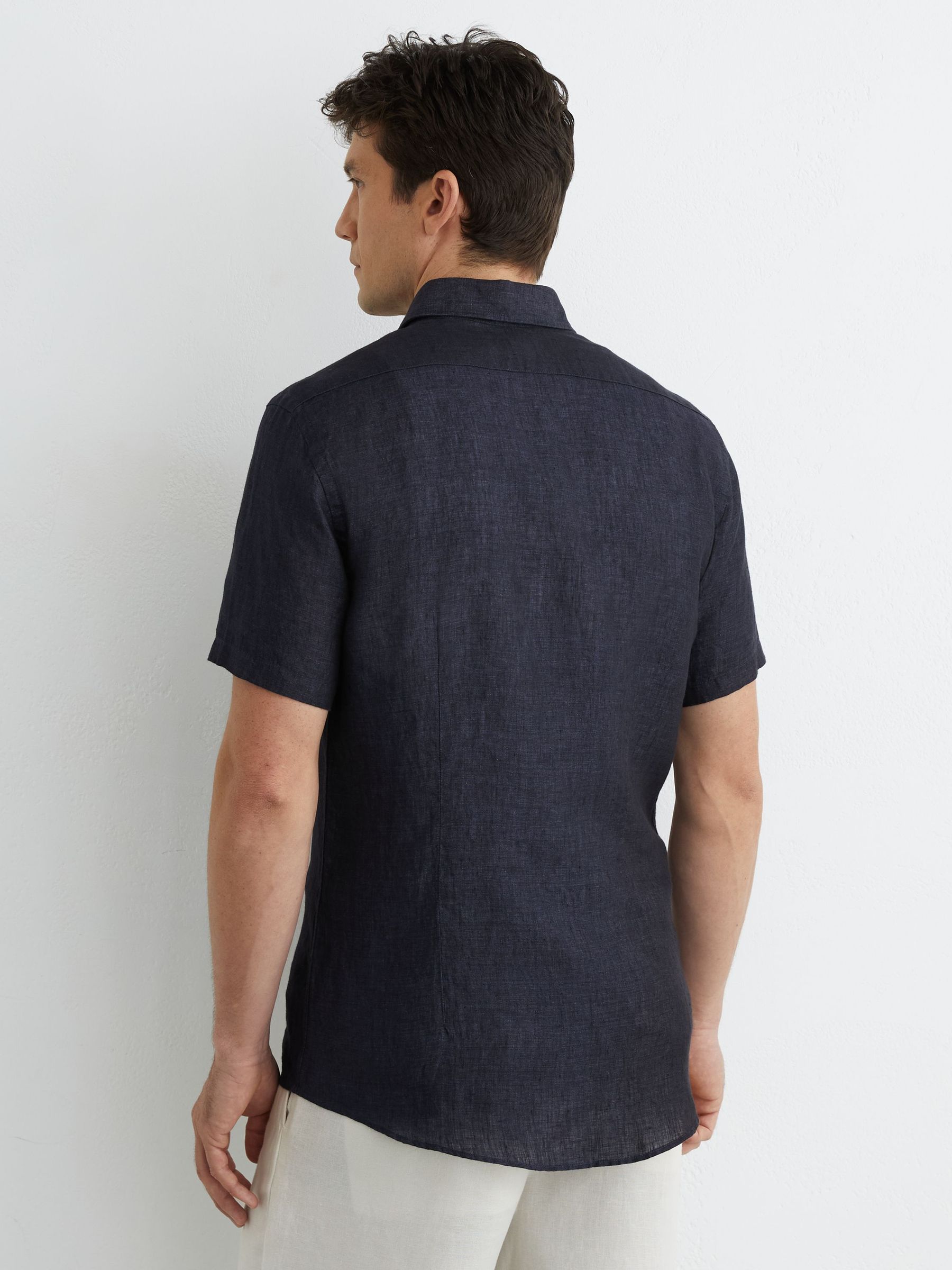 Slim Fit Linen Button-Through Shirt in Navy - image 5