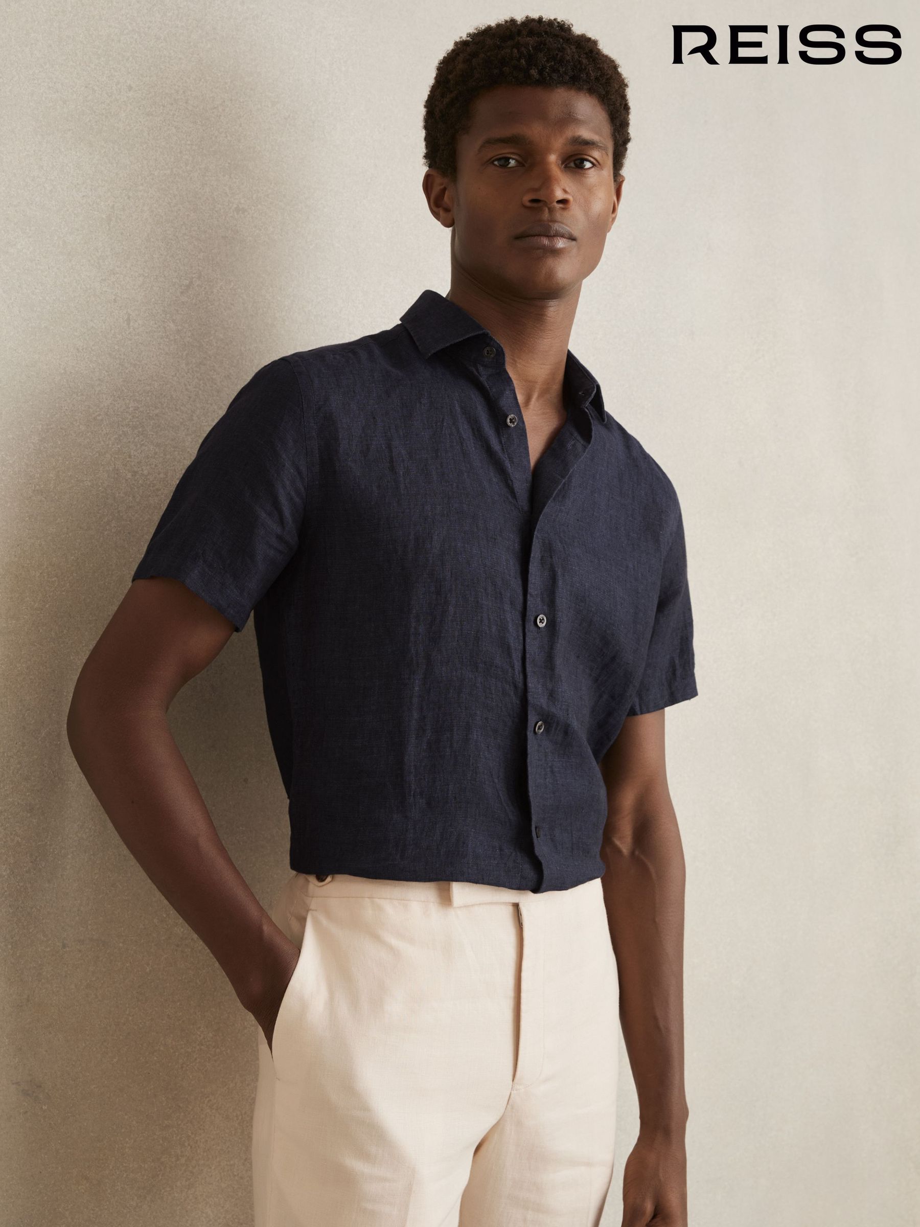 Slim Fit Linen Button-Through Shirt in Navy - Image 8 of 8