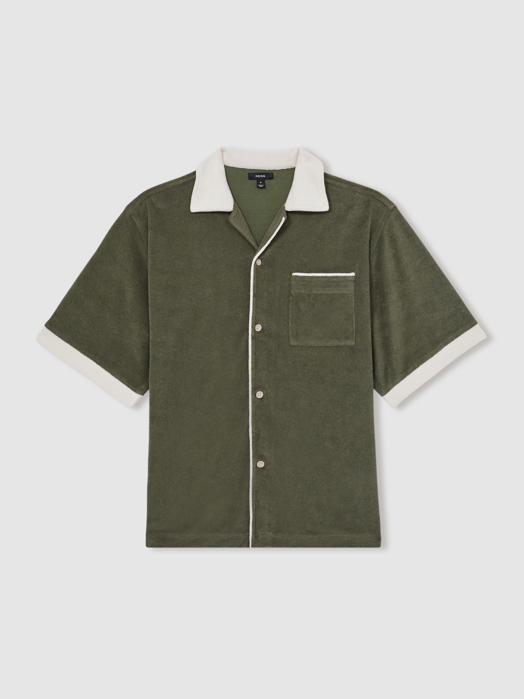 Towelling Contrast-Trim Shirt in Green/White - Image 2 of 5