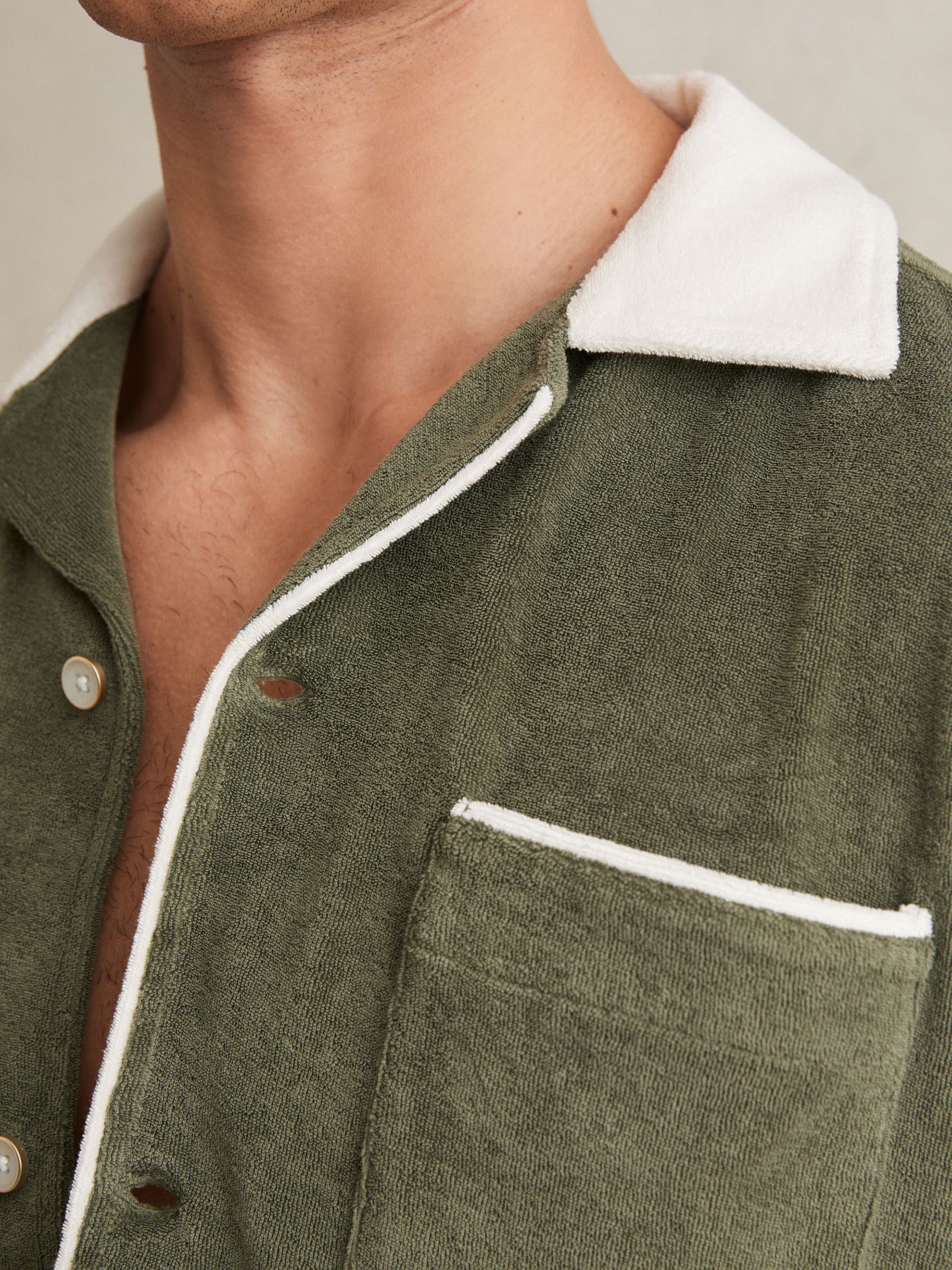 Towelling Contrast-Trim Shirt in Green/White - Image 3 of 5