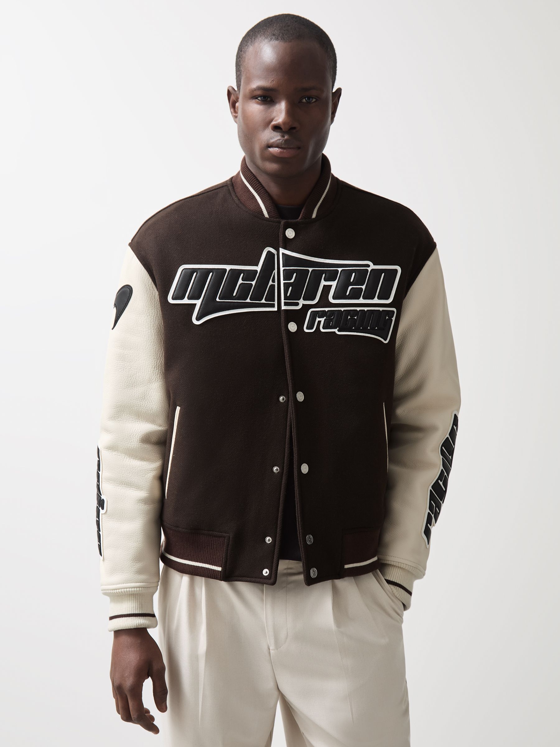 McLaren F1 Team Bomber Jacket in Brown/Ivory/White - Image 1 of 9