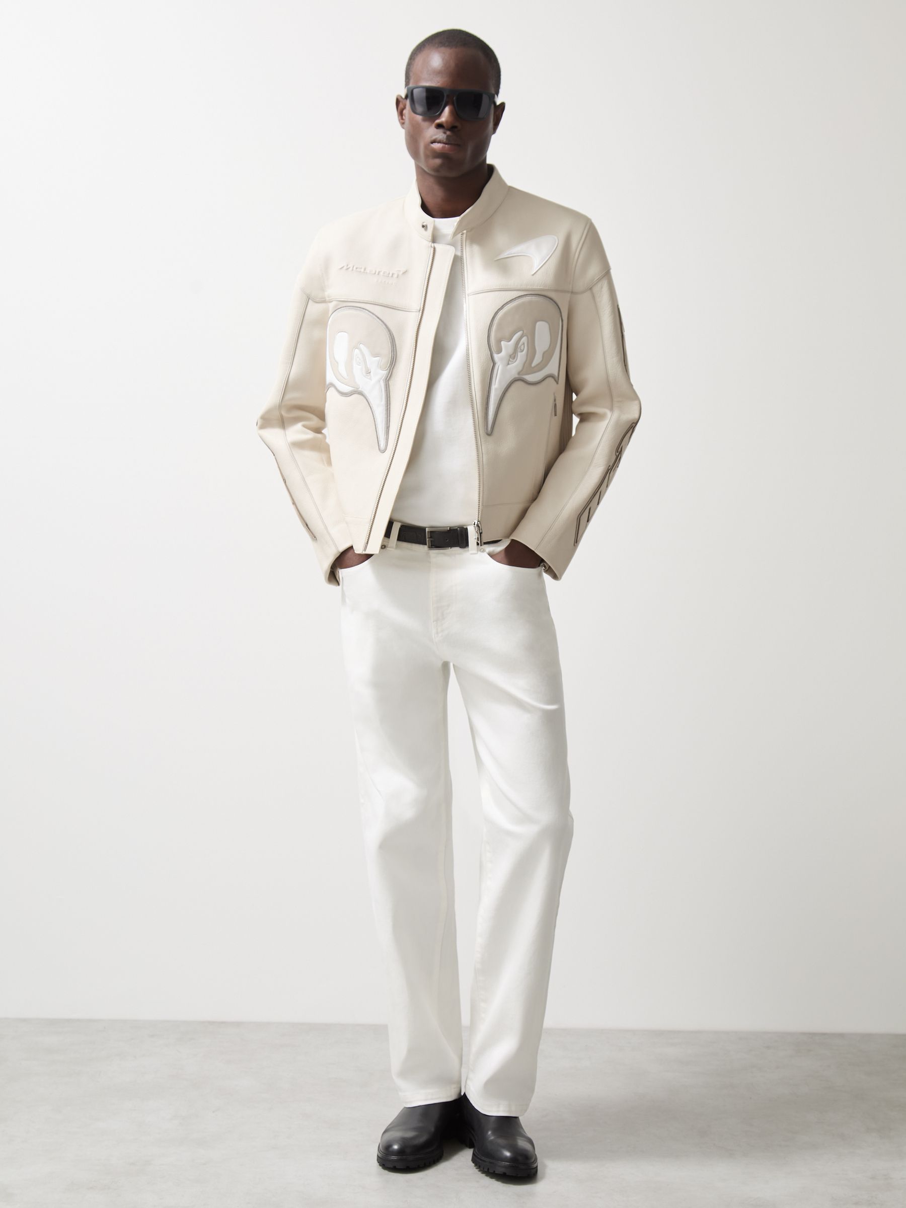 Reiss McLaren F1 Team Leather Biker Jacket in Off White | REISS