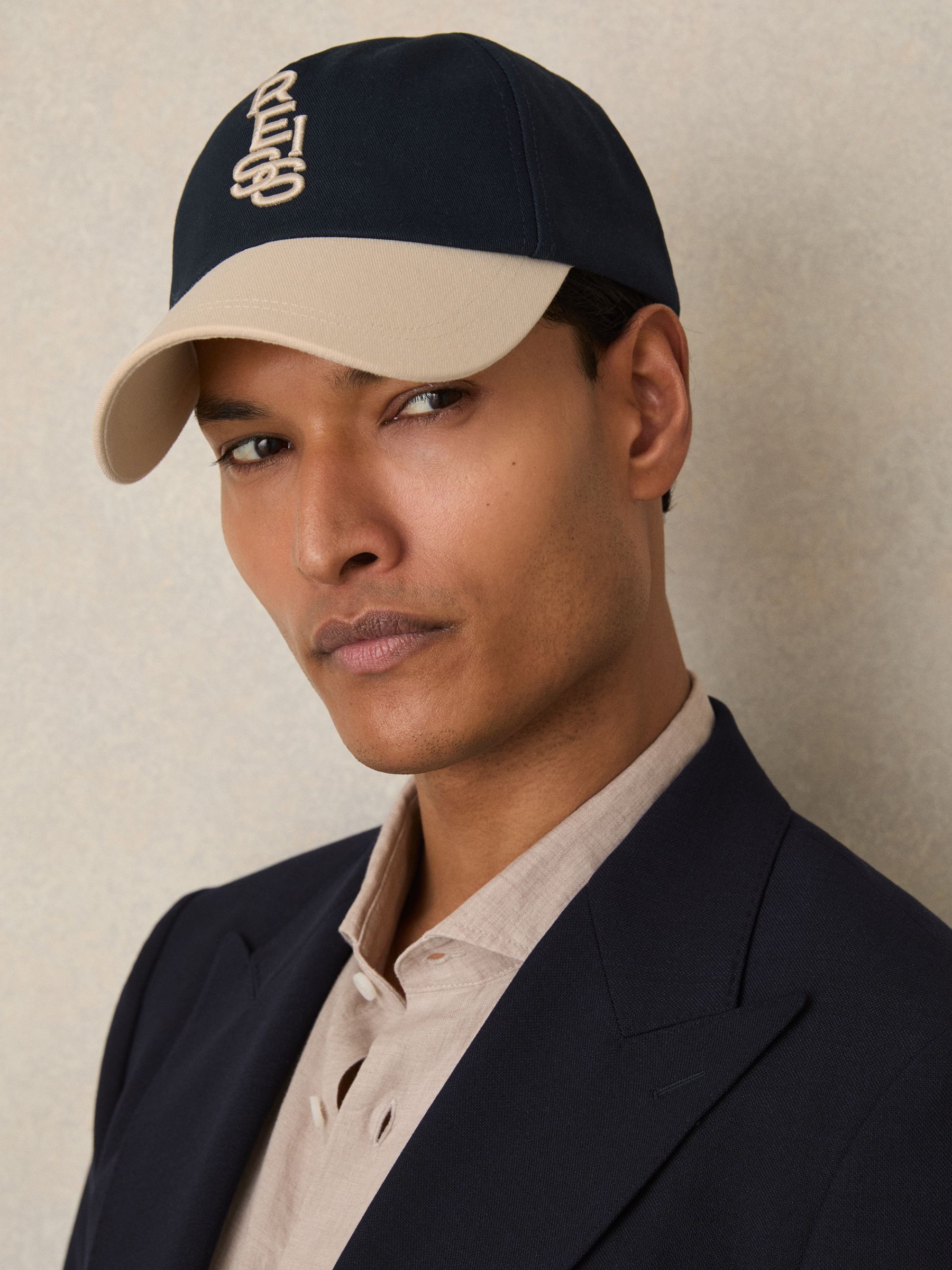 Cotton Contrast-Peak Logo Baseball Cap in Ecru/Navy - Image 2 of 5