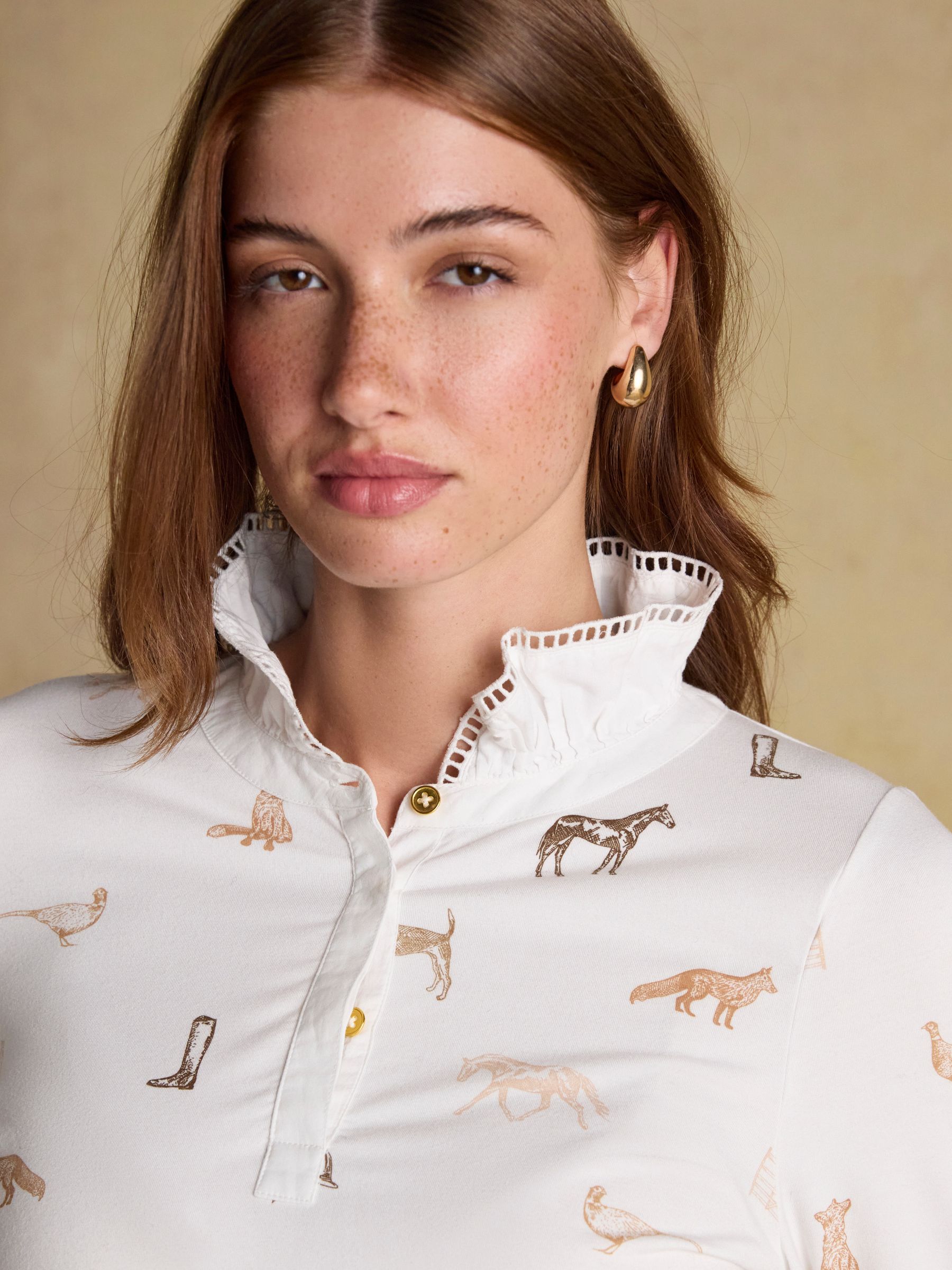 Kate Cream Printed Long Sleeve Frilled Neck Top - Image 3 of 8