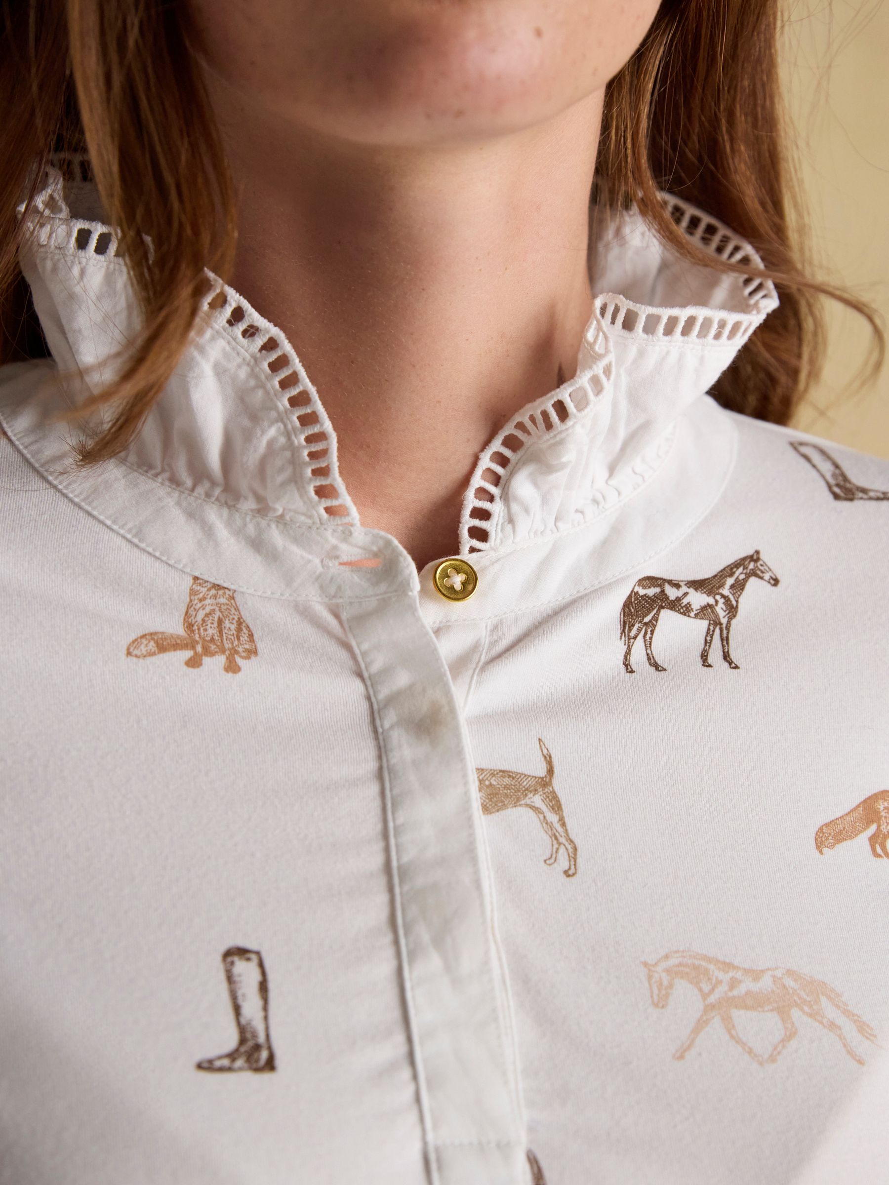 Kate Cream Printed Long Sleeve Frilled Neck Top - Image 5 of 8