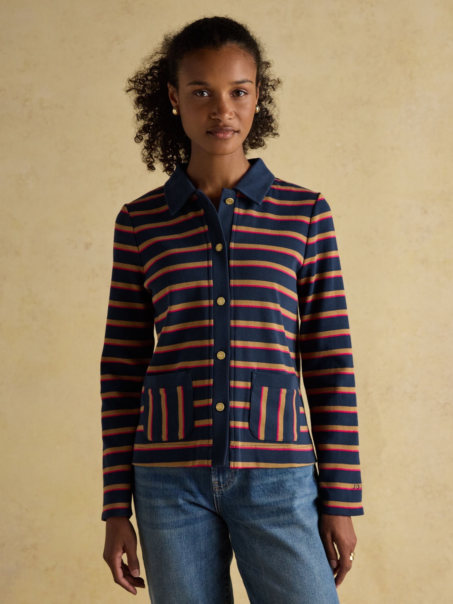 Premium Ribbed Navy Tan Pink Button Through Jersey Cardigan - Image 1 of 8