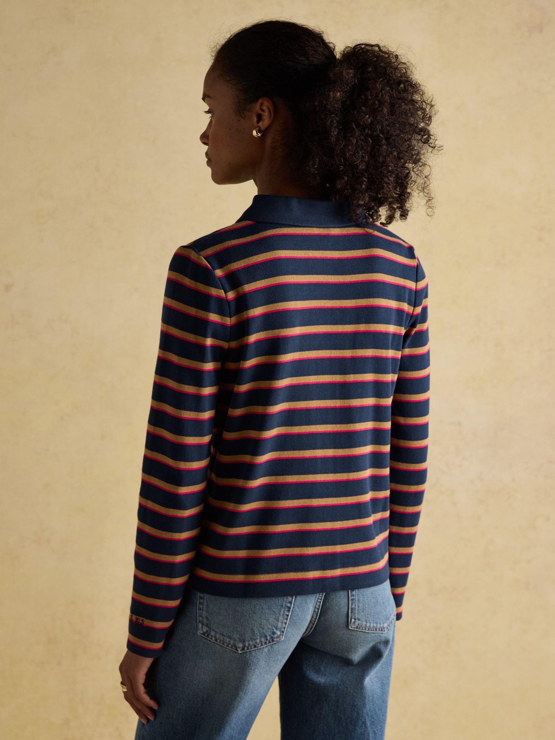 Premium Ribbed Navy Tan Pink Button Through Jersey Cardigan - Image 2 of 8