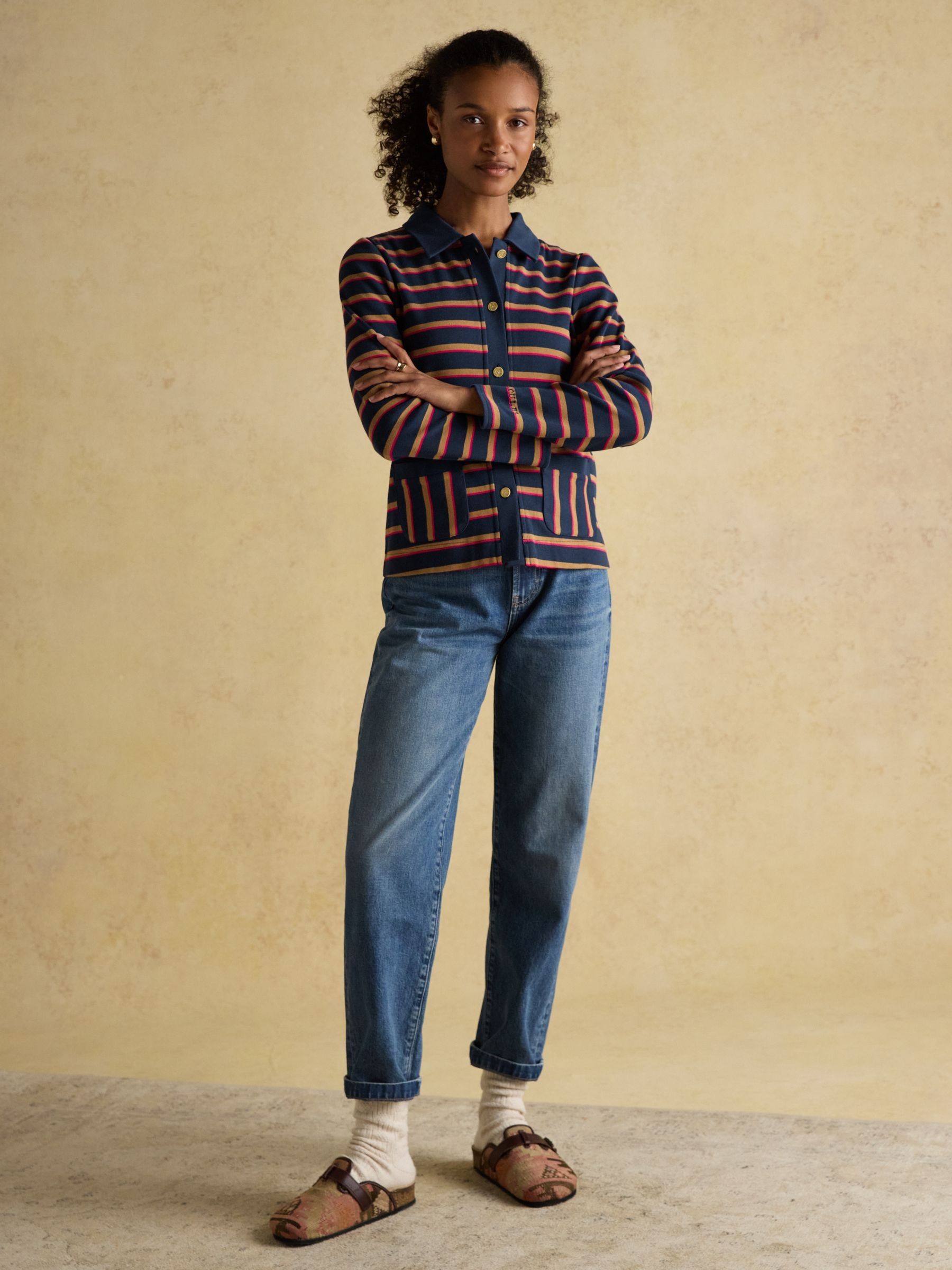 Premium Ribbed Navy Tan Pink Button Through Jersey Cardigan - Image 6 of 8