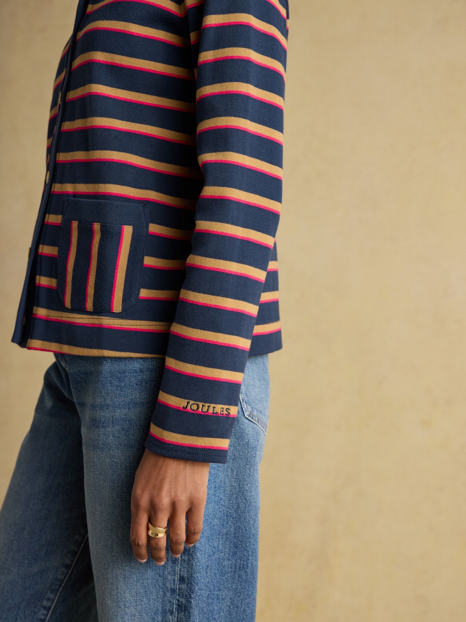 Premium Ribbed Navy Tan Pink Button Through Jersey Cardigan - Image 7 of 8
