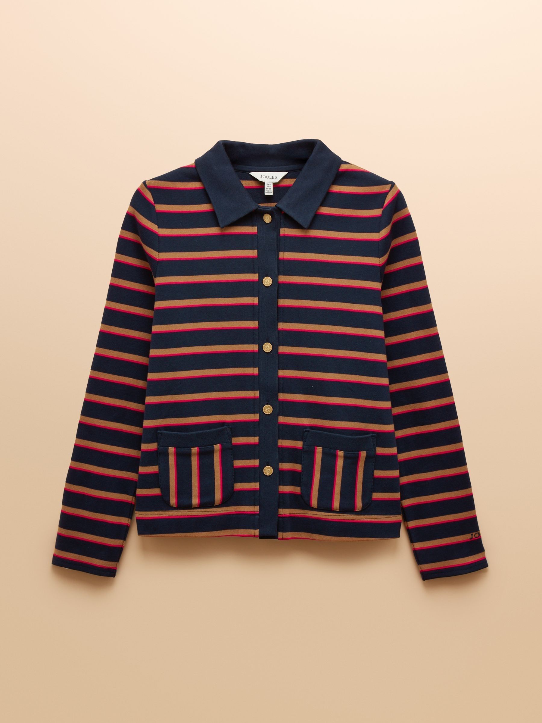 Premium Ribbed Navy Tan Pink Button Through Jersey Cardigan - Image 8 of 8