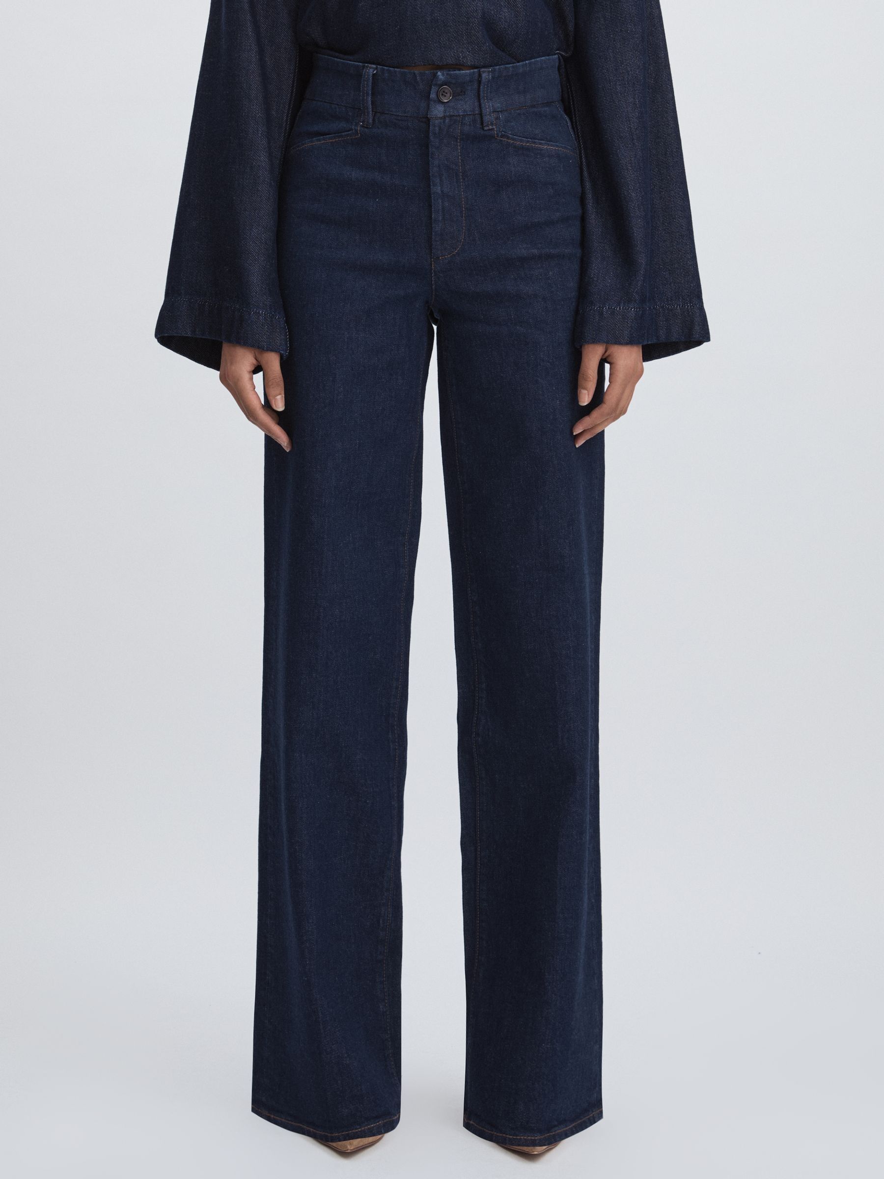 Paige High Rise Wide Leg Jeans in Edinburgh Dark Blue - Image 3 of 7