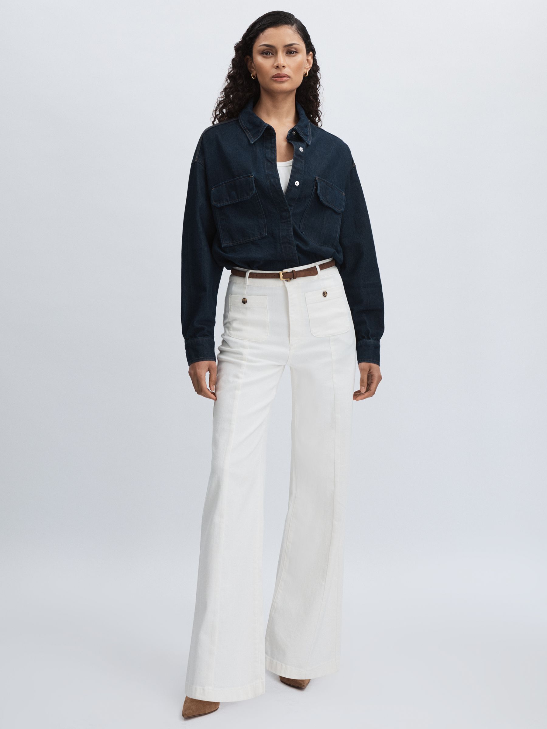 Paige Wide-Leg Patch Pocket Jeans in Ecru - Image 1 of 6