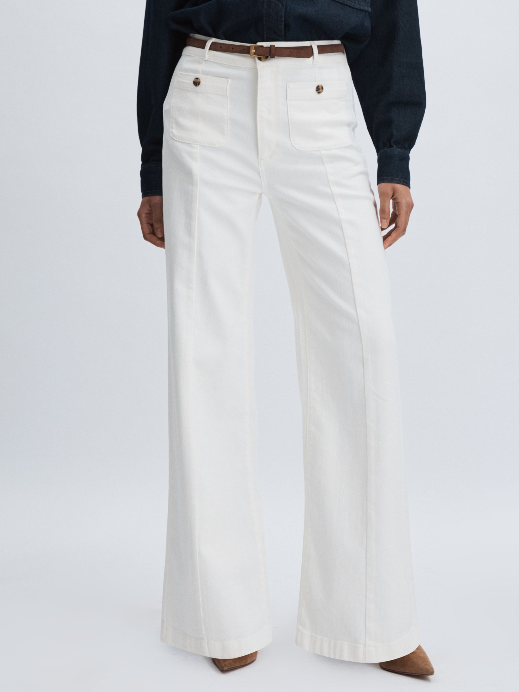 Paige Wide-Leg Patch Pocket Jeans in Ecru - Image 3 of 6