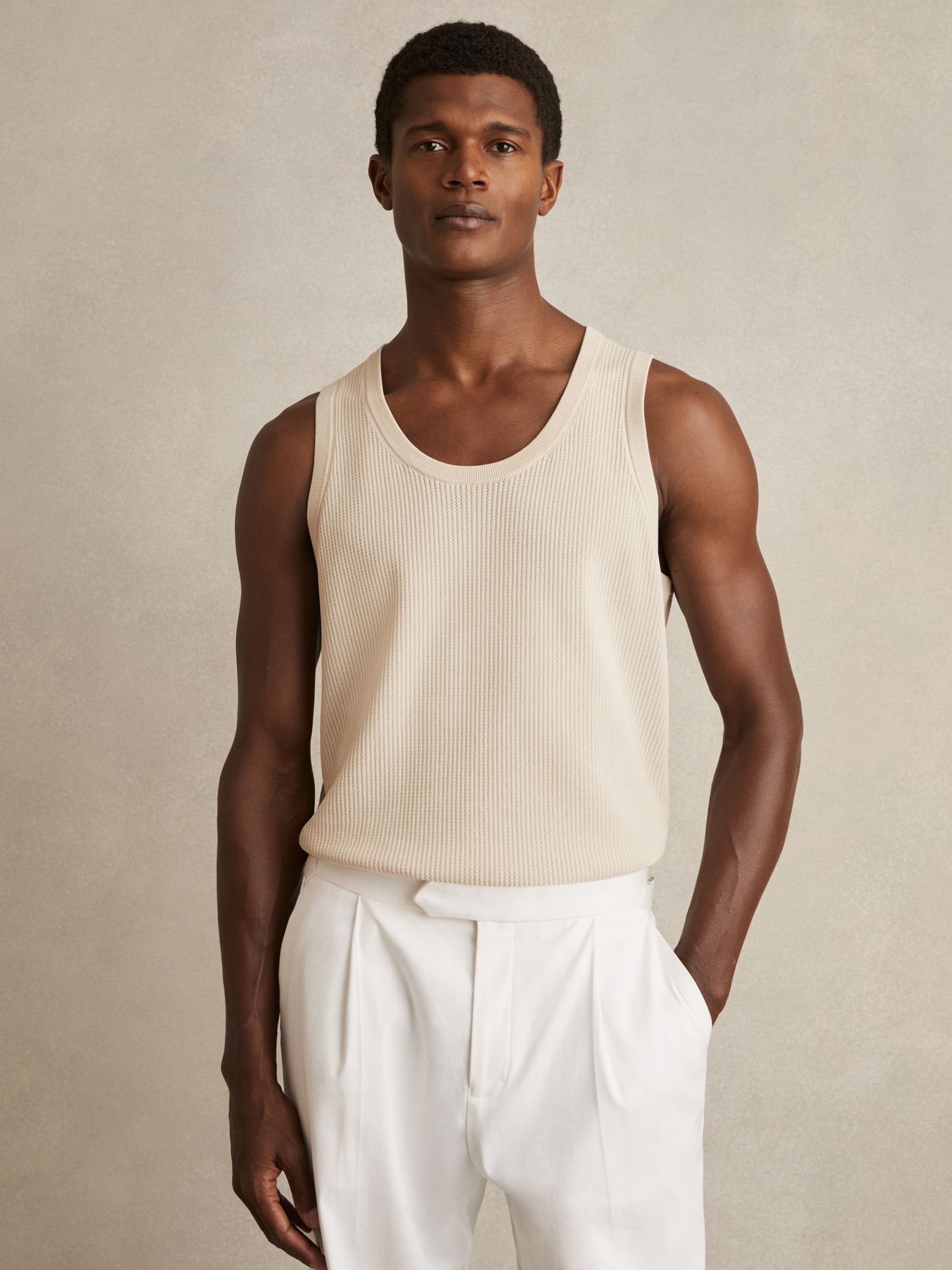 Textured Crew Neck Ribbed Vest in Off White - Image 1 of 6