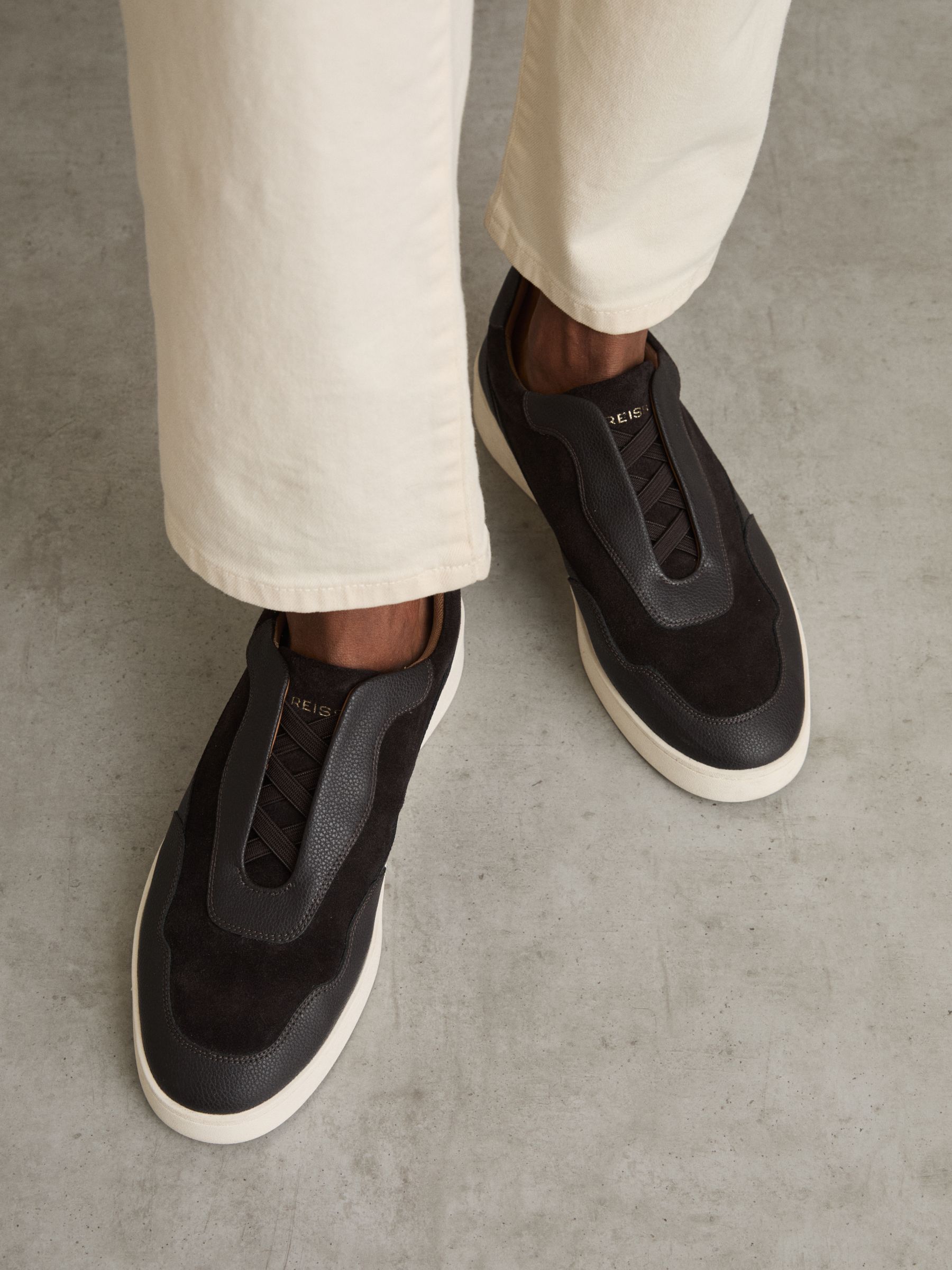 Leather Elasticated-Lace Trainers in Espresso Brown - Image 2 of 5