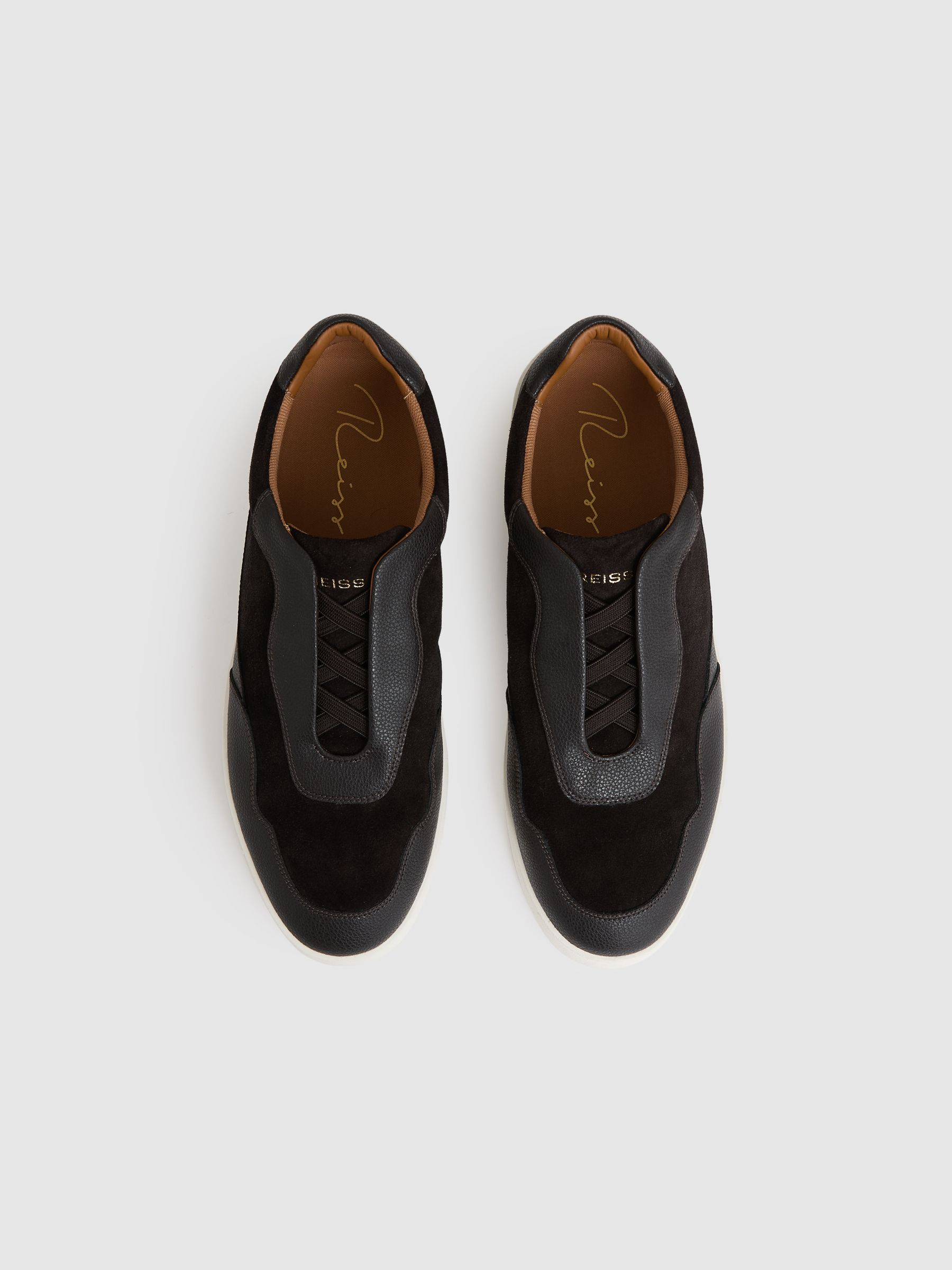 Leather Elasticated-Lace Trainers in Espresso Brown - Image 3 of 5