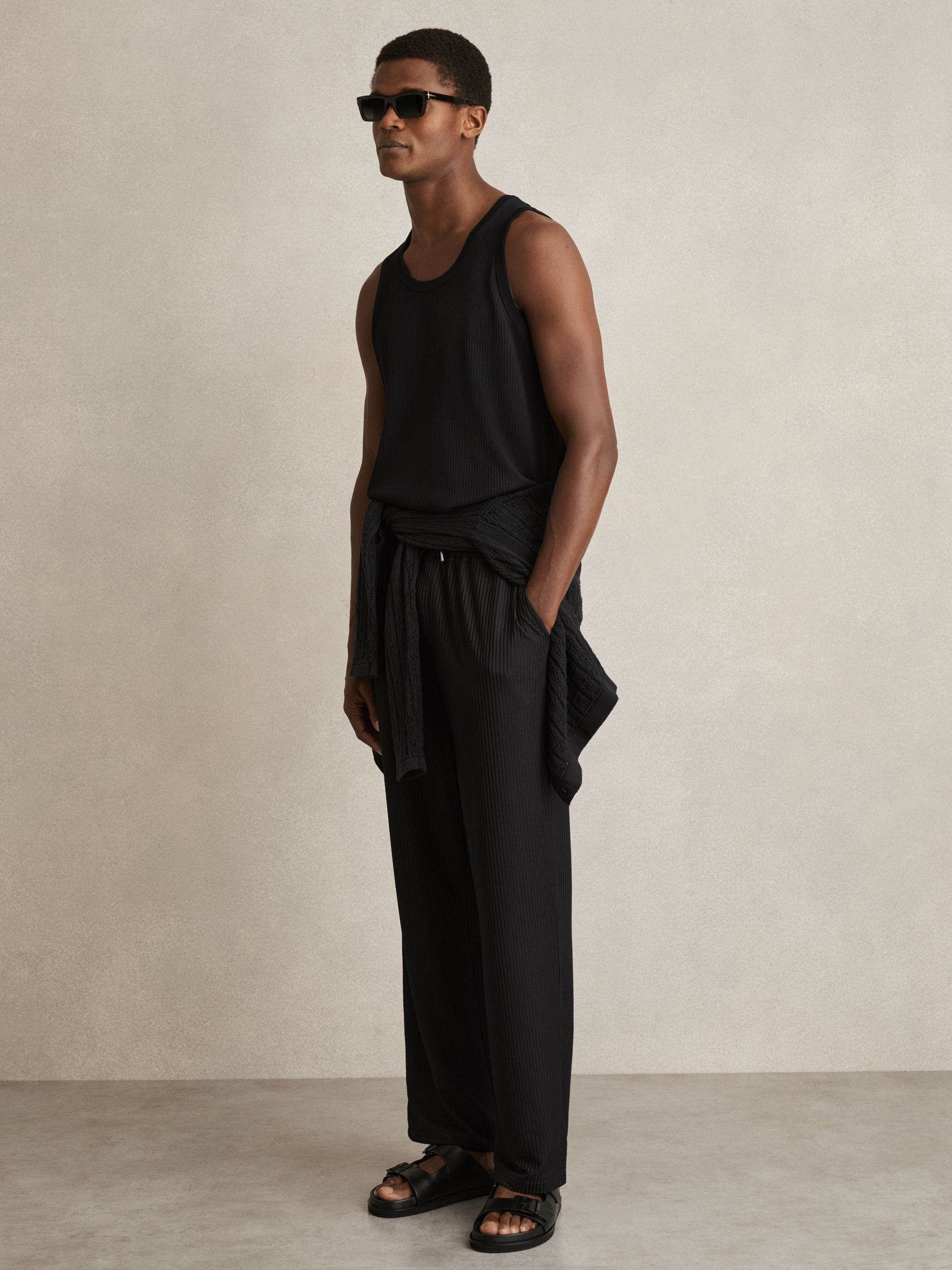 Textured Crew Neck Ribbed Vest in Black - image 3