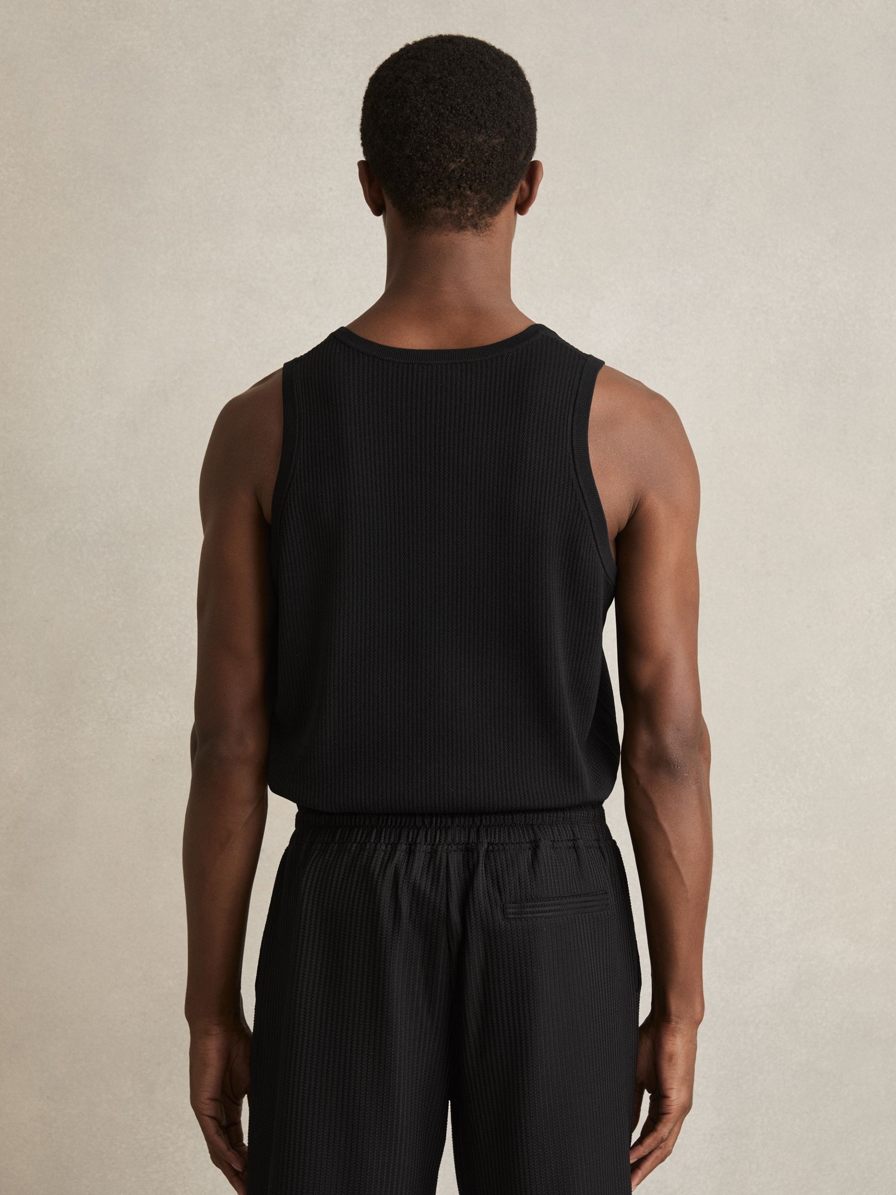 Textured Crew Neck Ribbed Vest in Black - Image 5 of 6