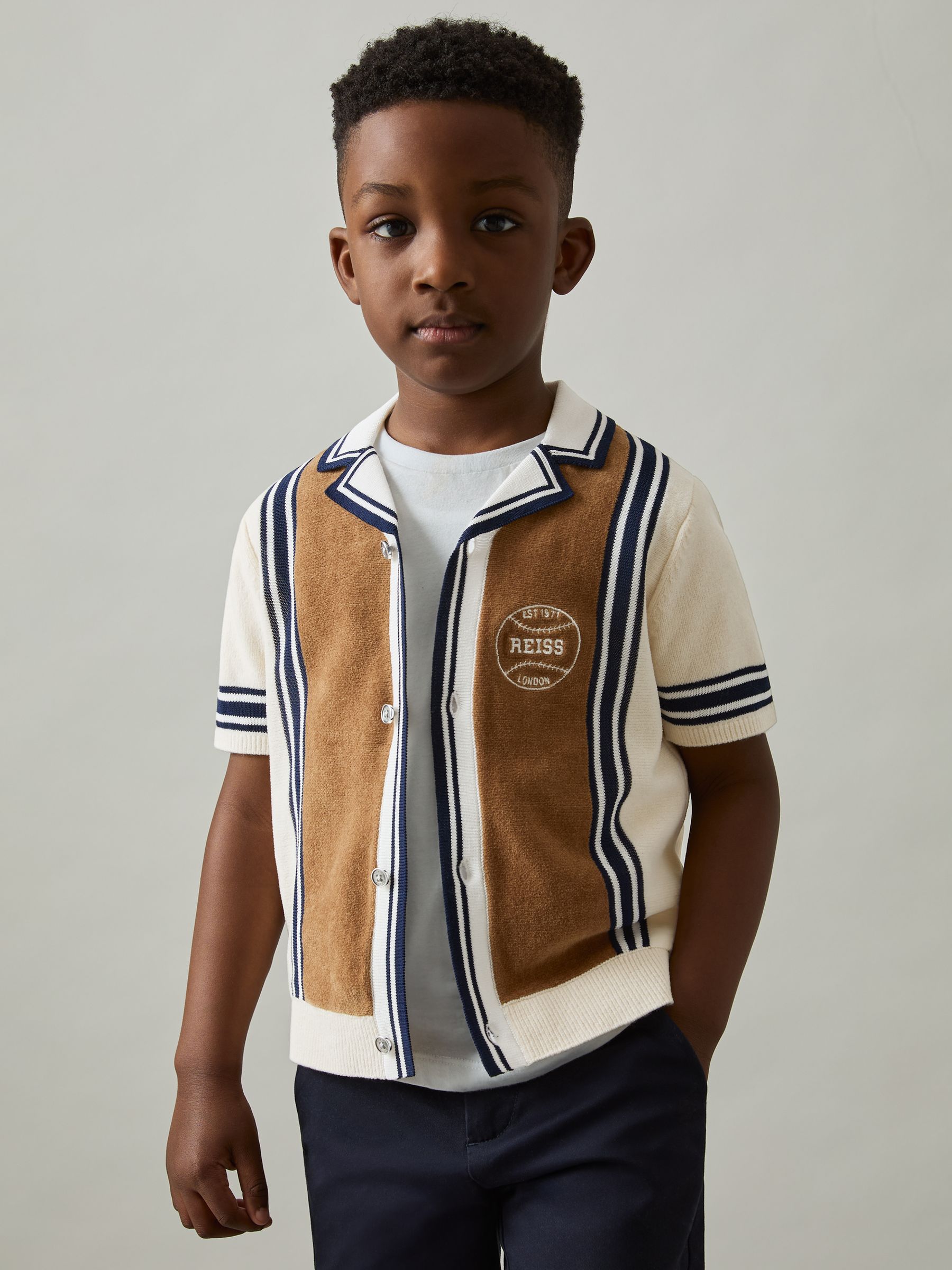 13-14 yrs Cotton Colour-Block Varsity Shirt in Tobacco Brown/ Off White - Image 2 of 4