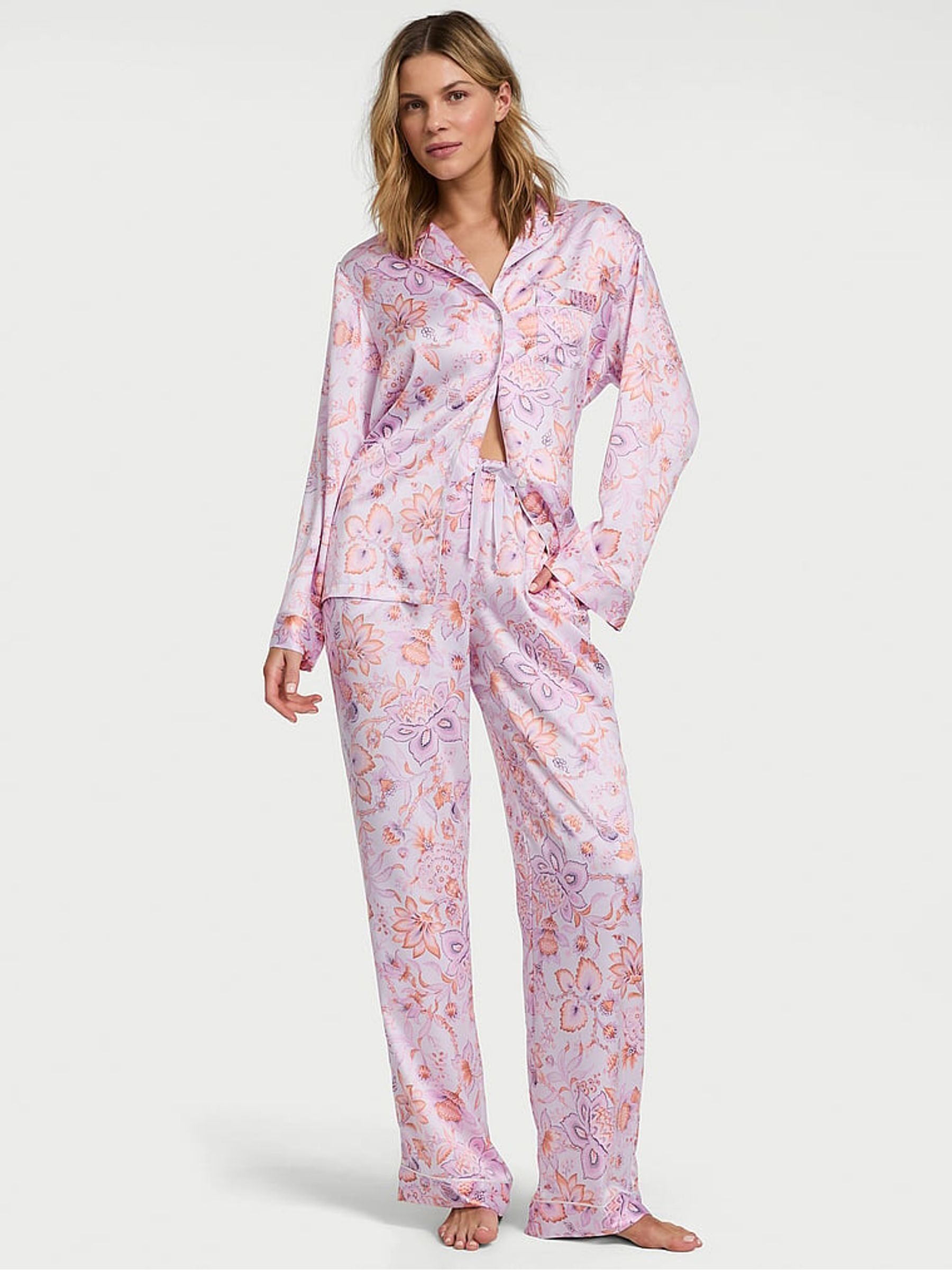 Purple Floral Satin Long Pyjama Set - Image 1 of 2