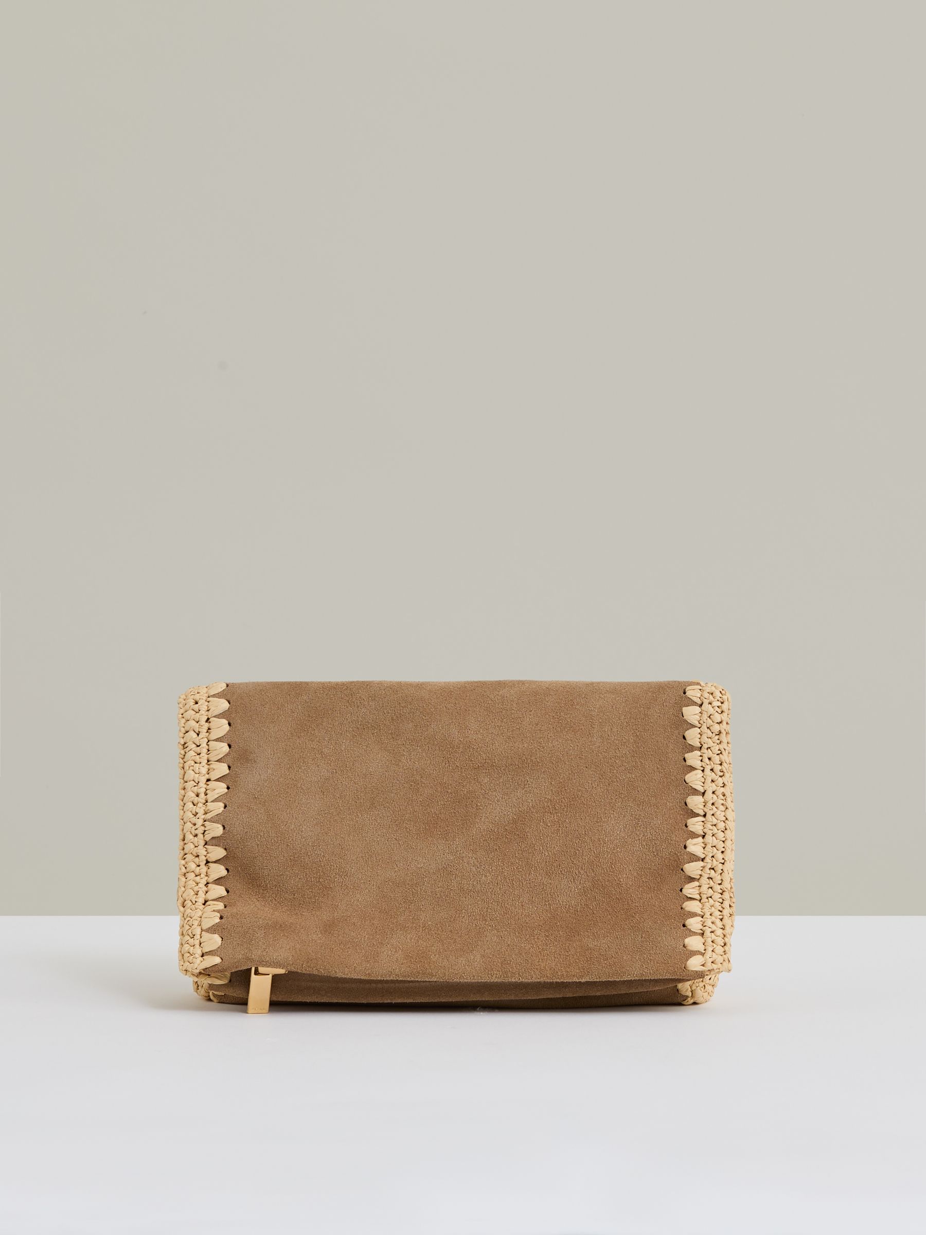 Suede Woven-Trim Clutch Bag in Tan - Image 1 of 5