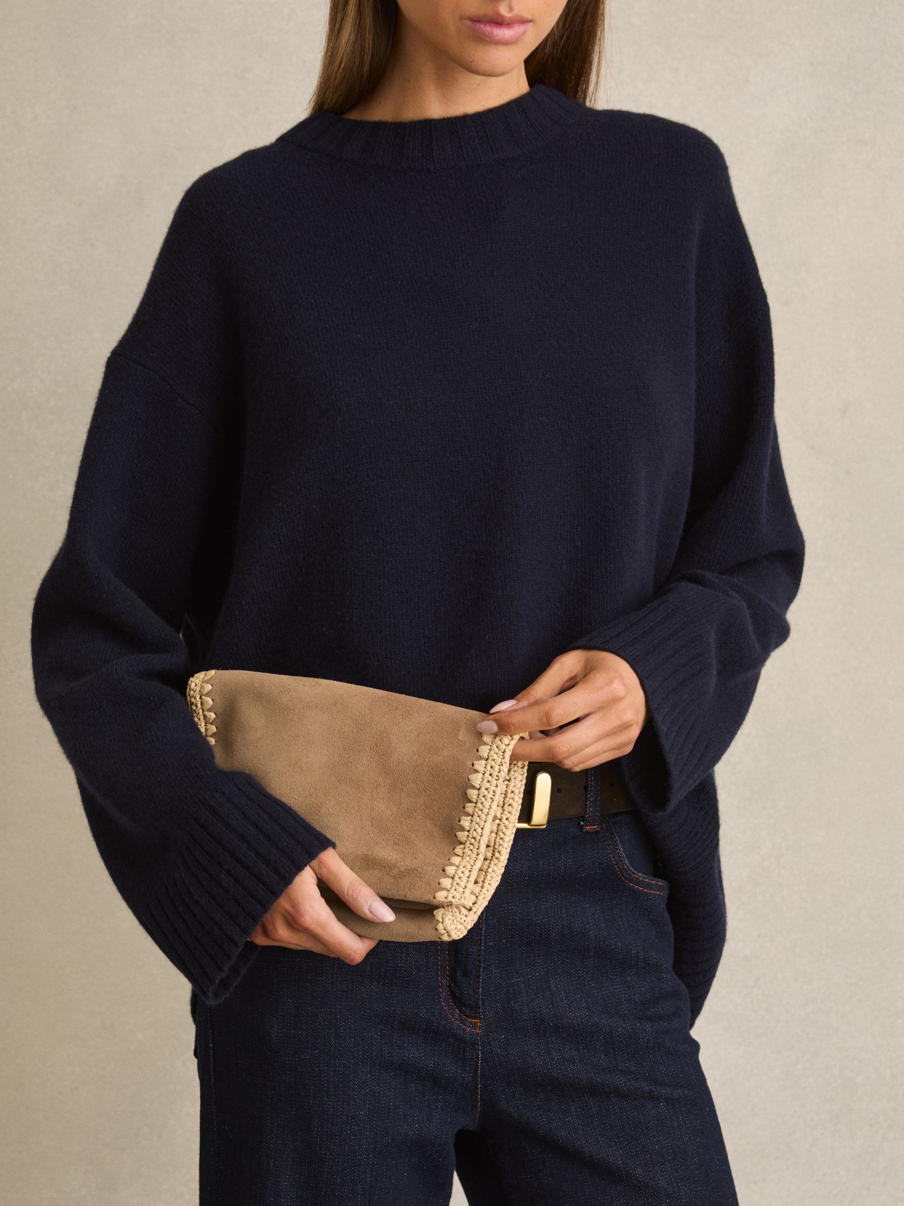 Suede Woven-Trim Clutch Bag in Tan - Image 2 of 5