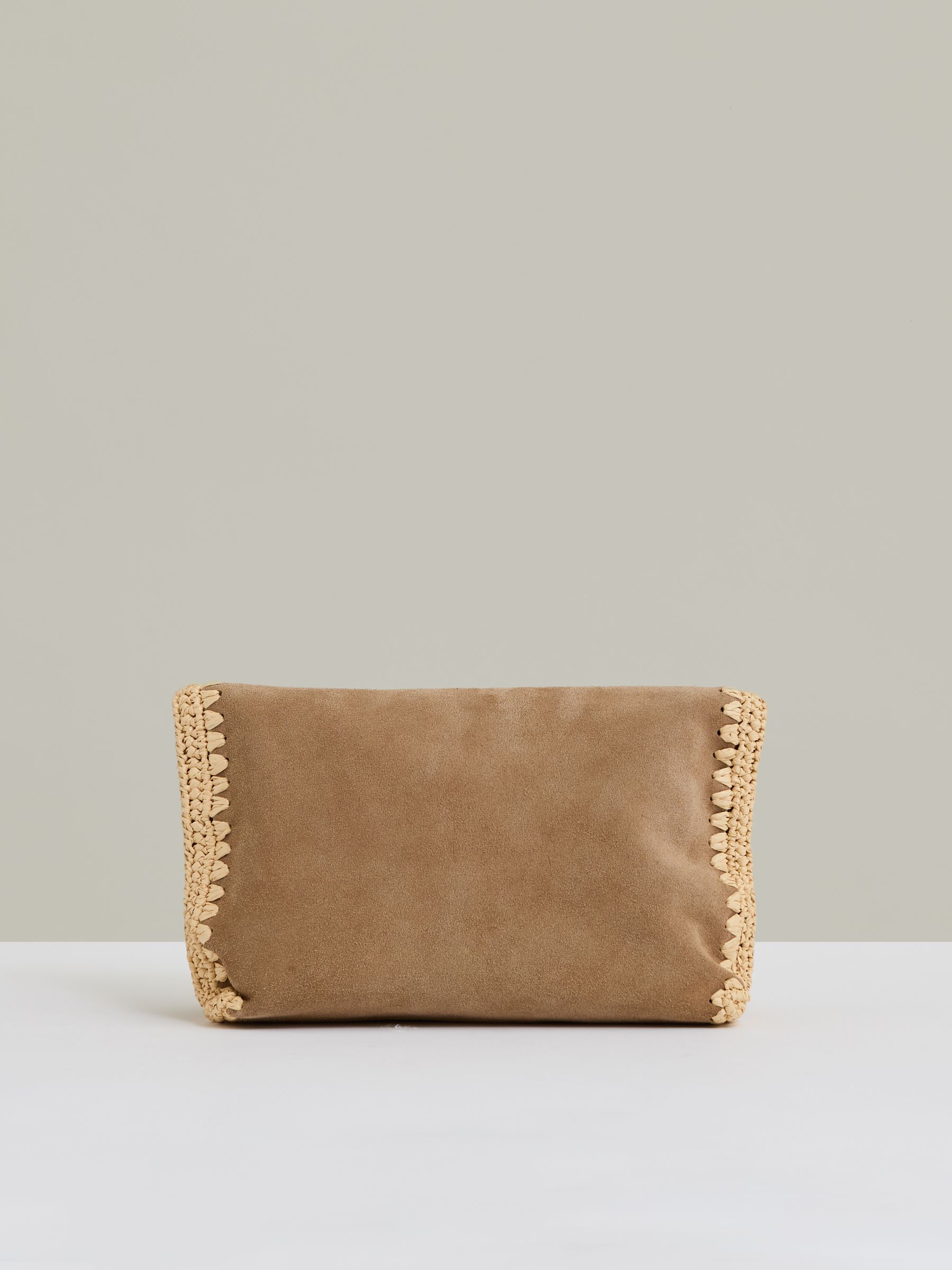 Suede Woven-Trim Clutch Bag in Tan - Image 4 of 5