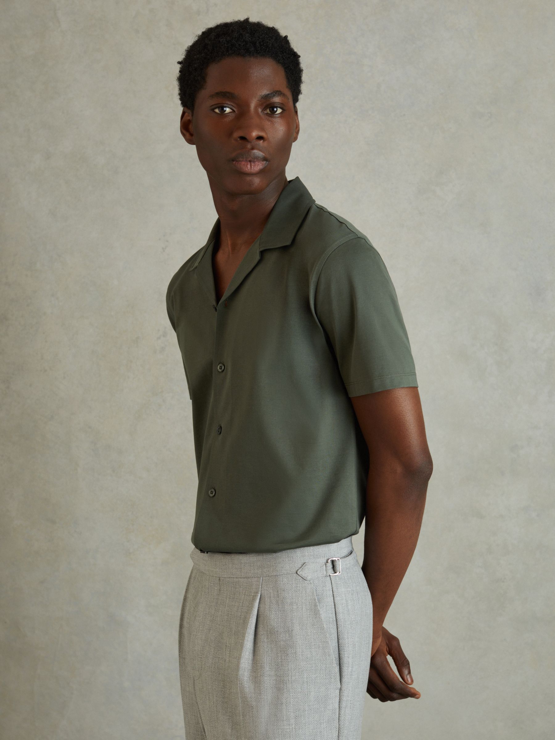 Mercerised 100% Cotton Jersey Cuban Collar Shirt in Hunting Green - Image 1 of 5