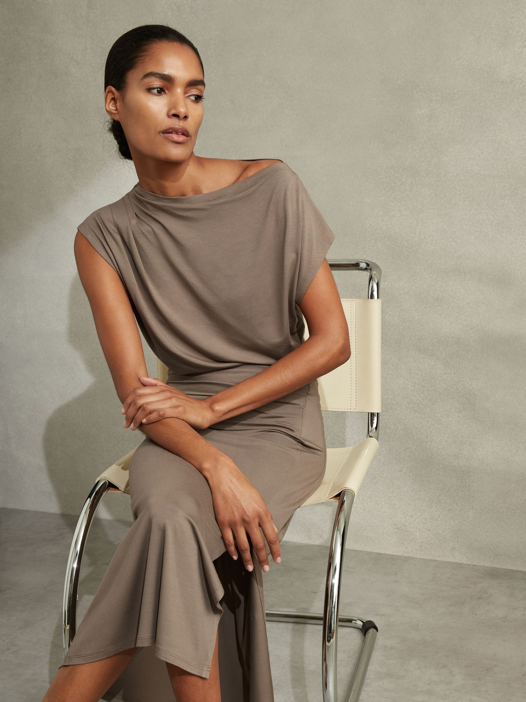 Ruched Jersey Midi Dress in Mocha - Image 1 of 6