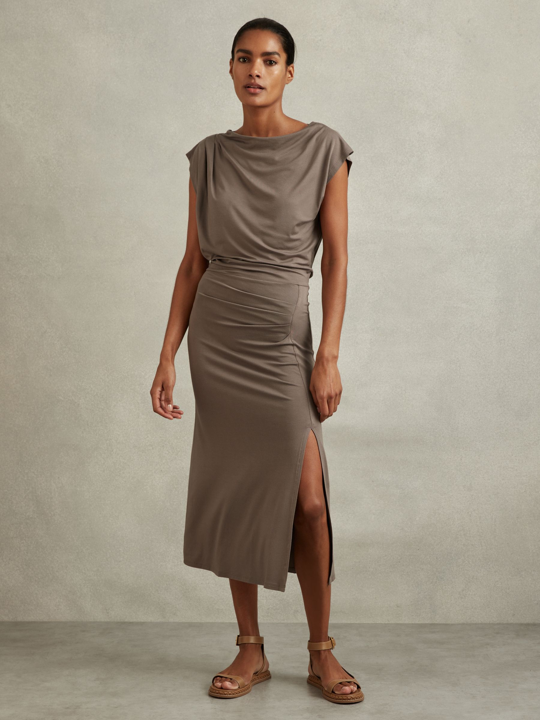 Ruched Jersey Midi Dress in Mocha - Image 3 of 6