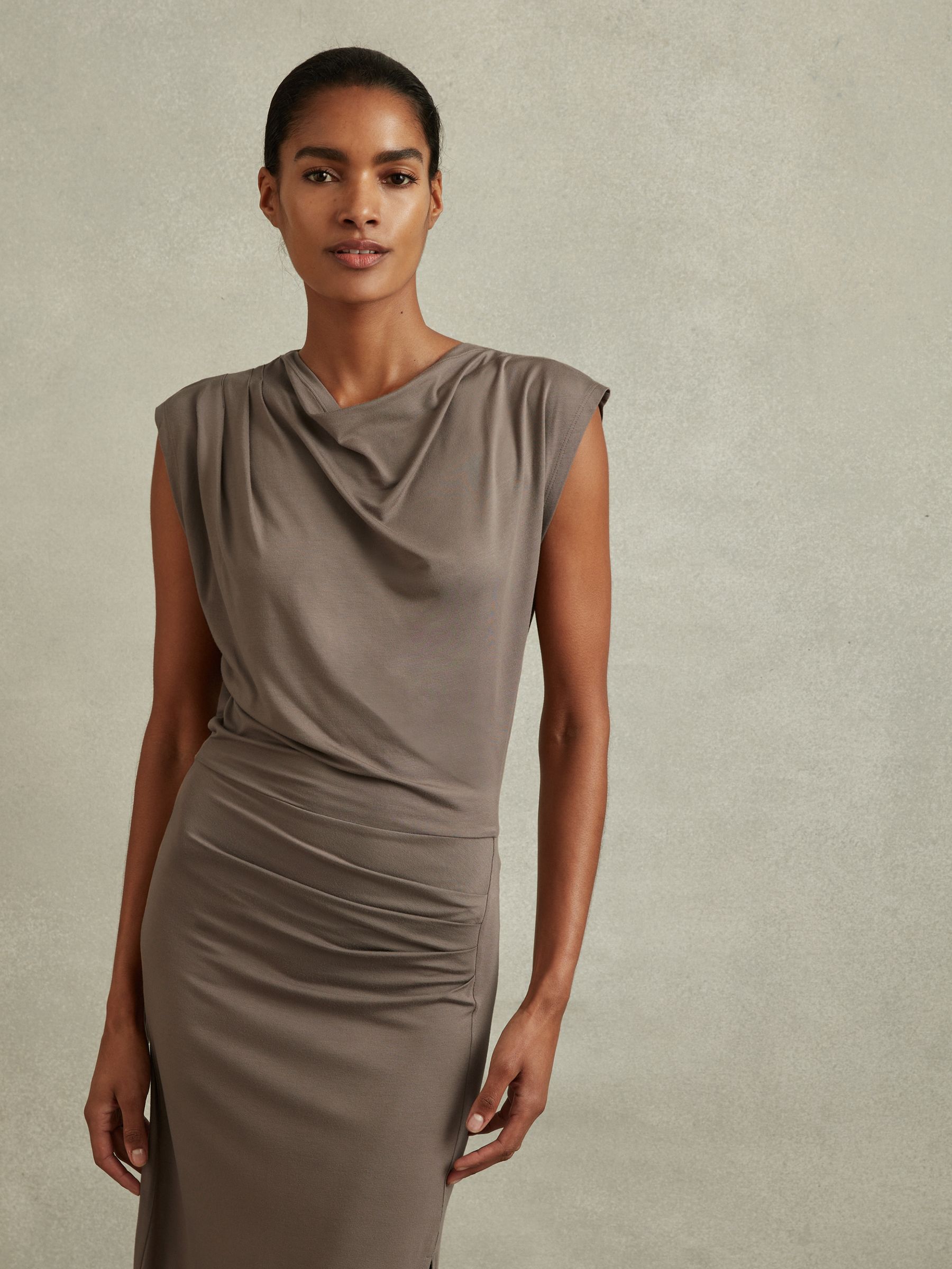 Ruched Jersey Midi Dress in Mocha - Image 4 of 6