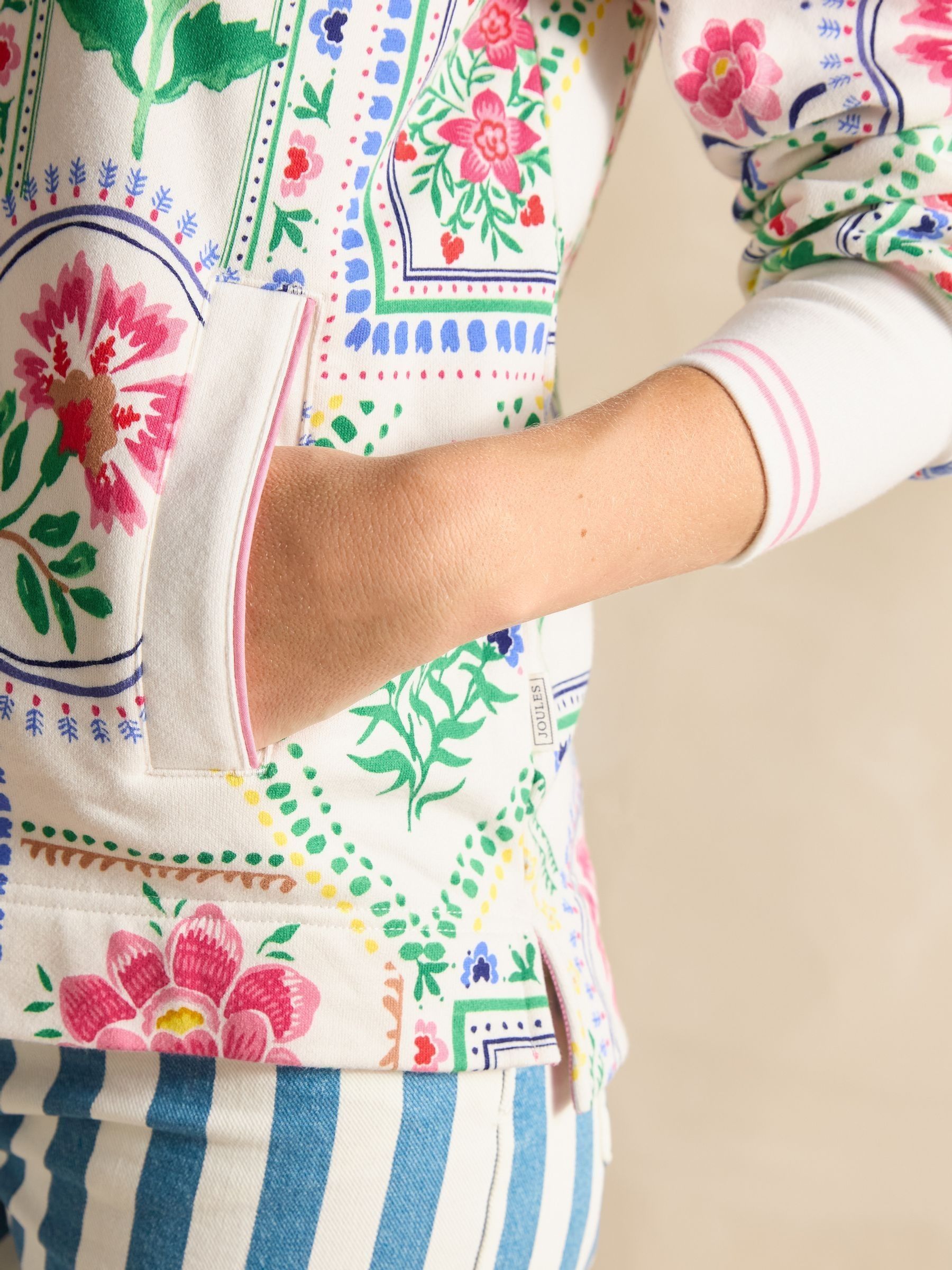 Burnham Cream Tile Print Cotton Funnel Neck Quarter Zip