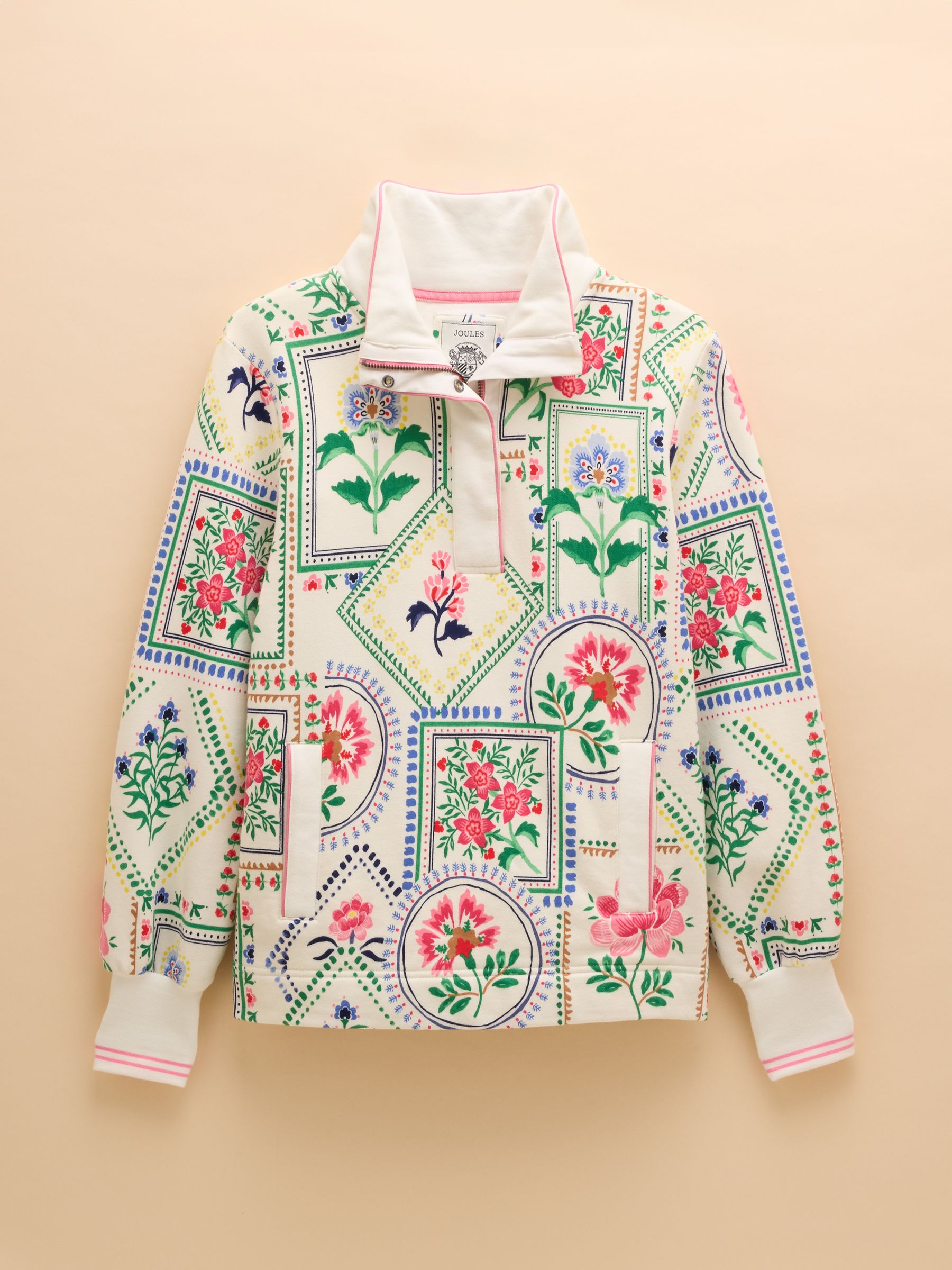 Burnham Cream Tile Print Cotton Funnel Neck Quarter Zip Sweatshirt - Image 8 of 8