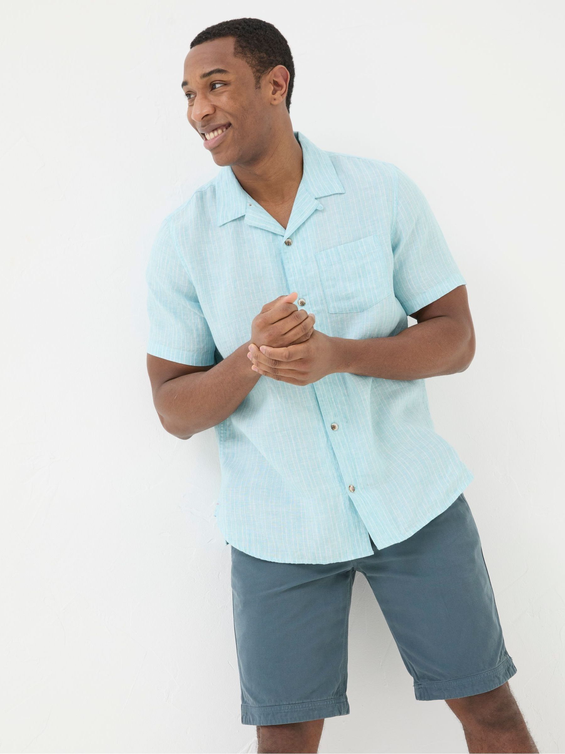 Blue Short Sleeve Stripe Linen Shirt - Image 1 of 4