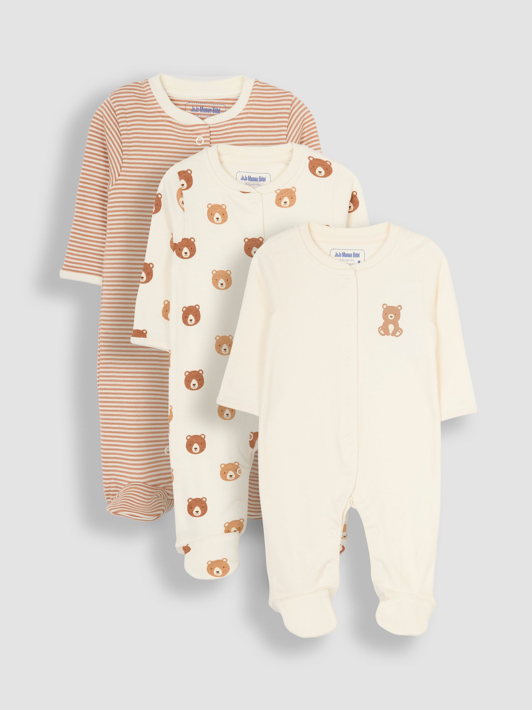 Natural Cream Cotton Footed Animal Print Sleepsuits 3-Pack - Image 1 of 7