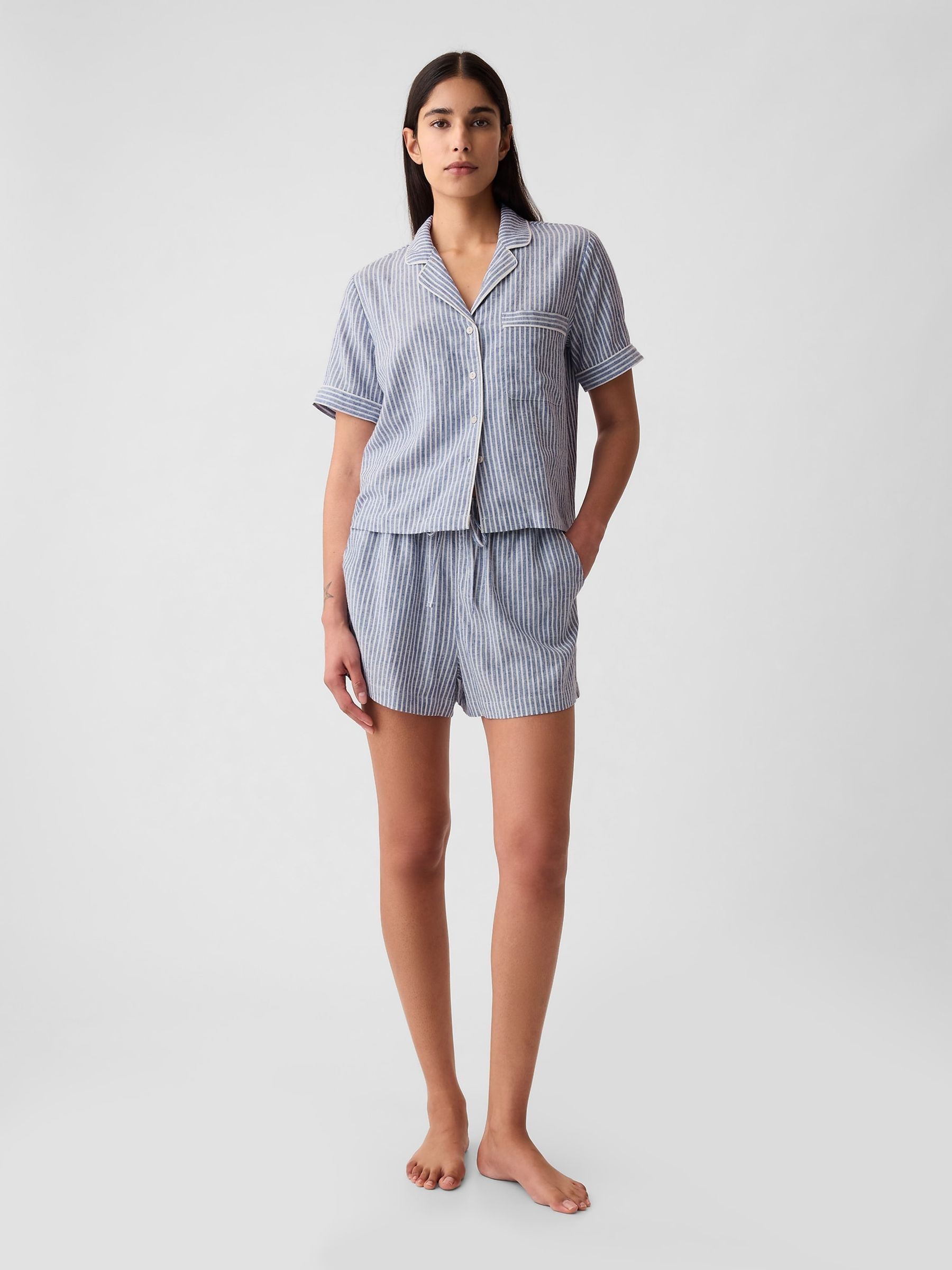 Blue & White Stripe Linen-Blend Pyjama Shorts - Image 3 of 4