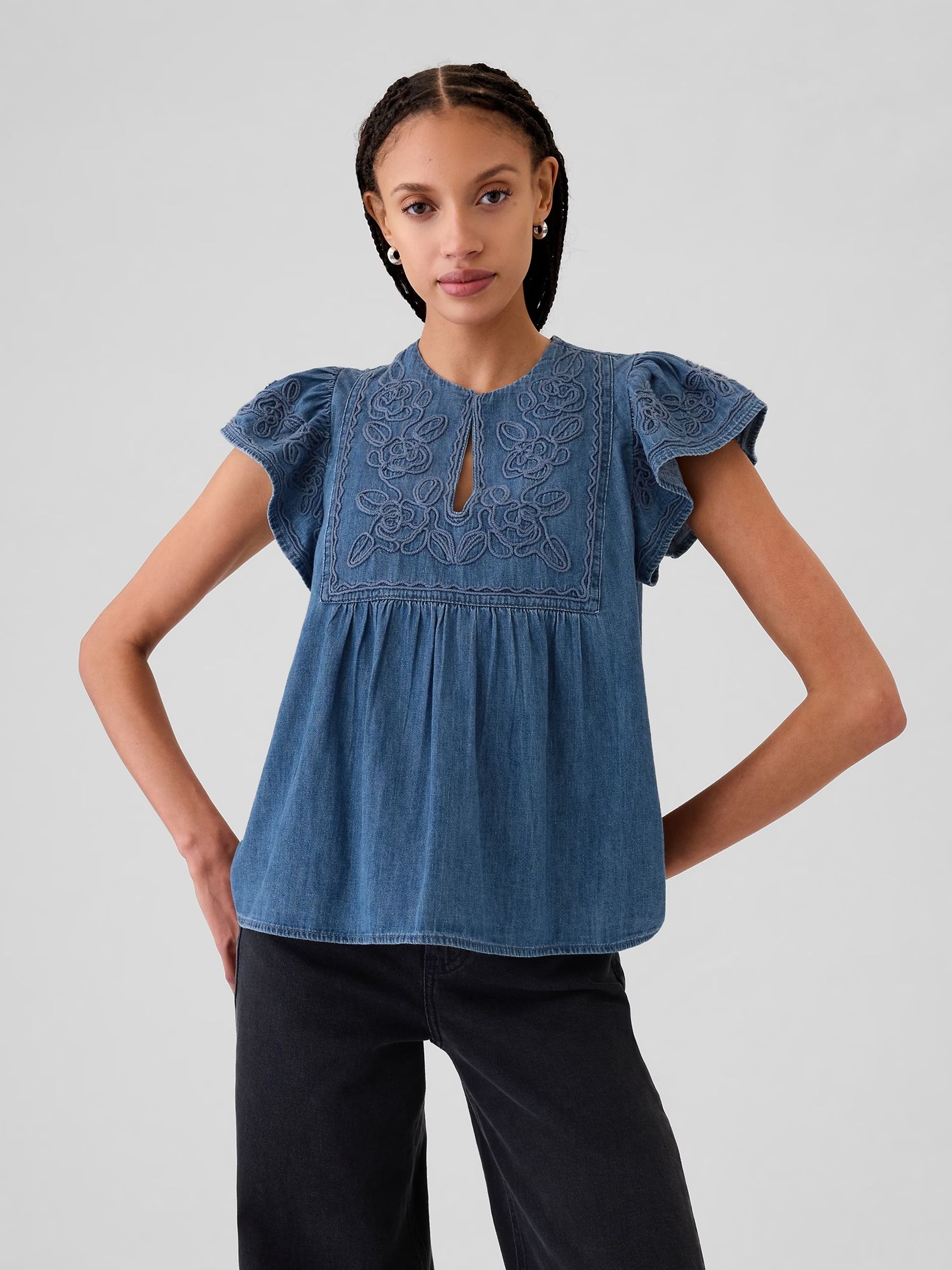 Blue Embroidered Ruffle Sleeve Denim Shirt - Image 1 of 3