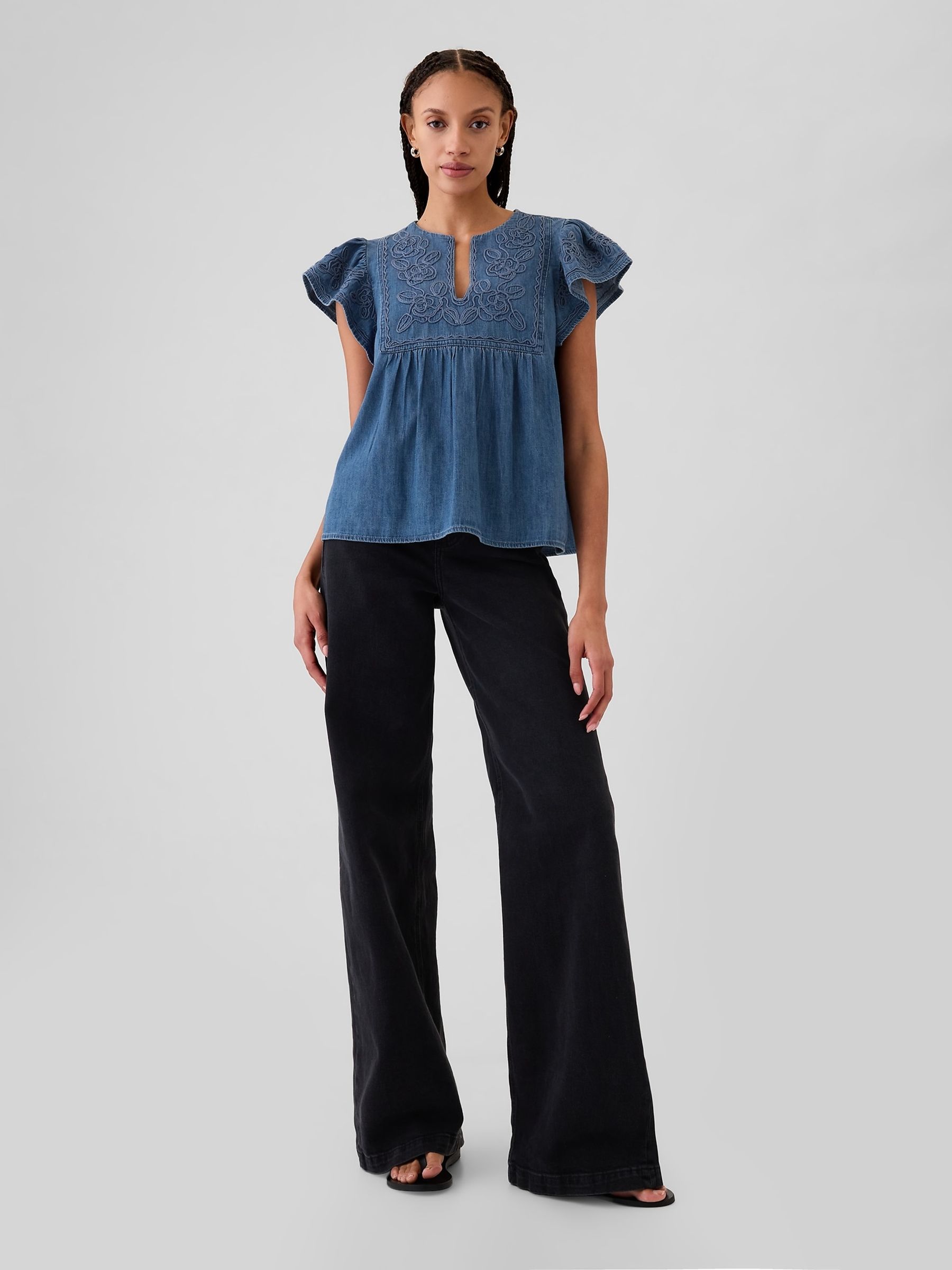 Blue Embroidered Ruffle Sleeve Denim Shirt - Image 3 of 3