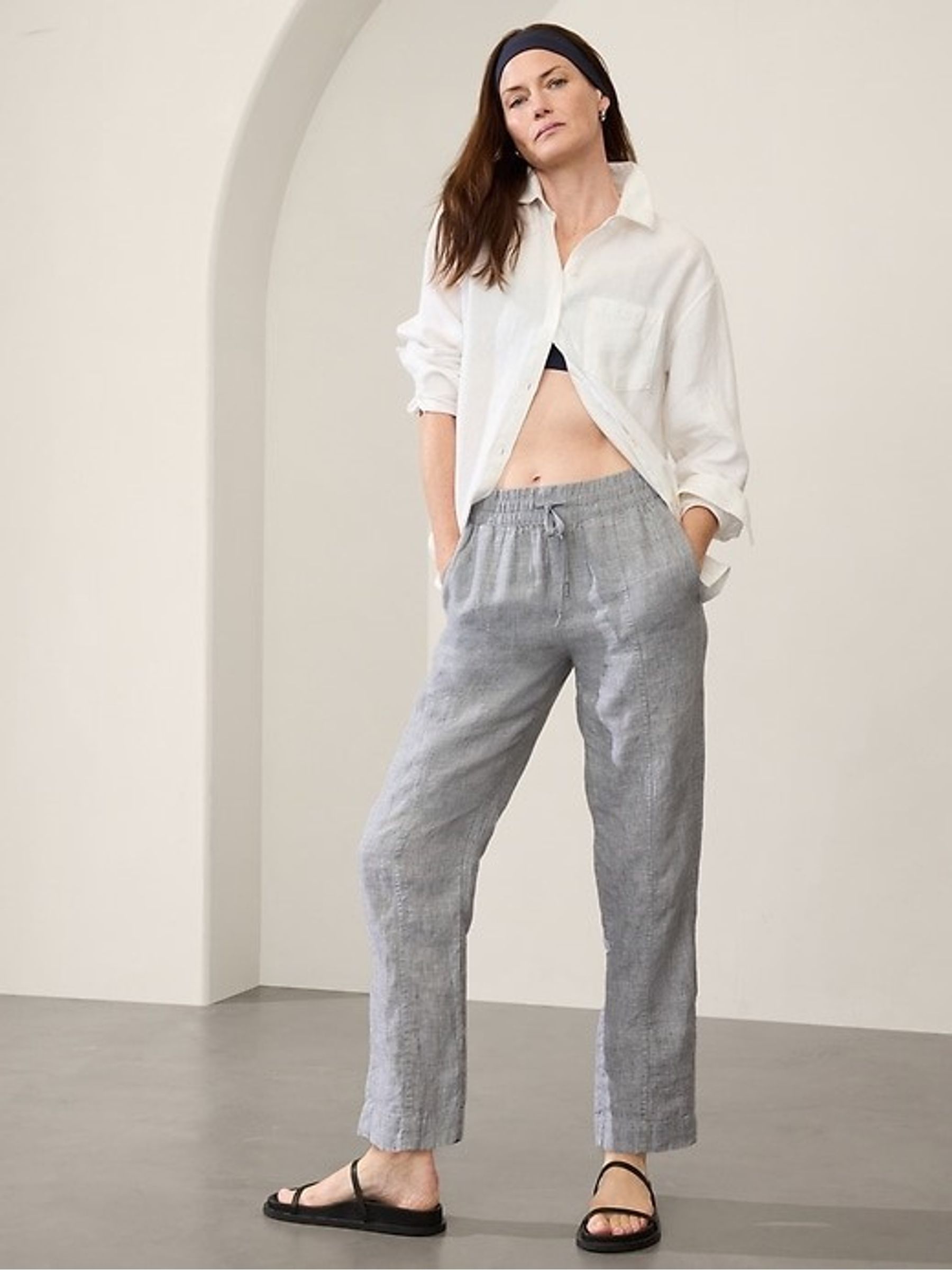 Athleta Grey Retreat Linen Ankle Trousers - Image 1 of 2