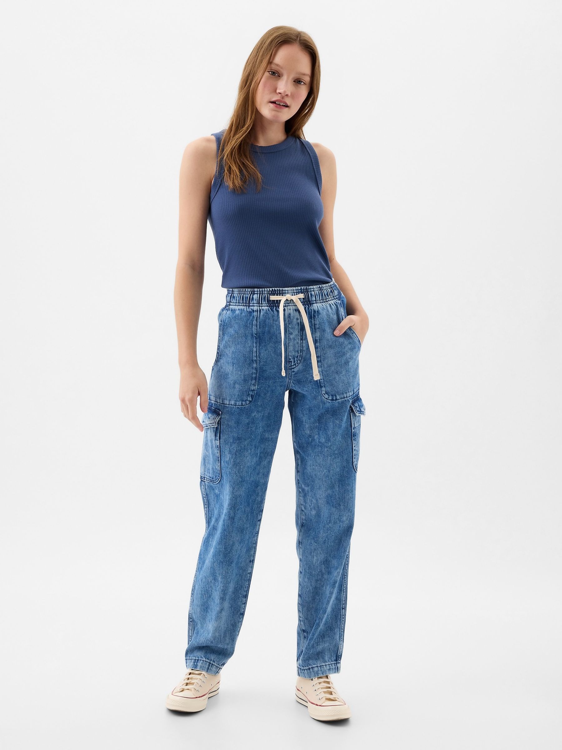 Blue Mid Rise Easy Cargo Jeans - Image 1 of 2
