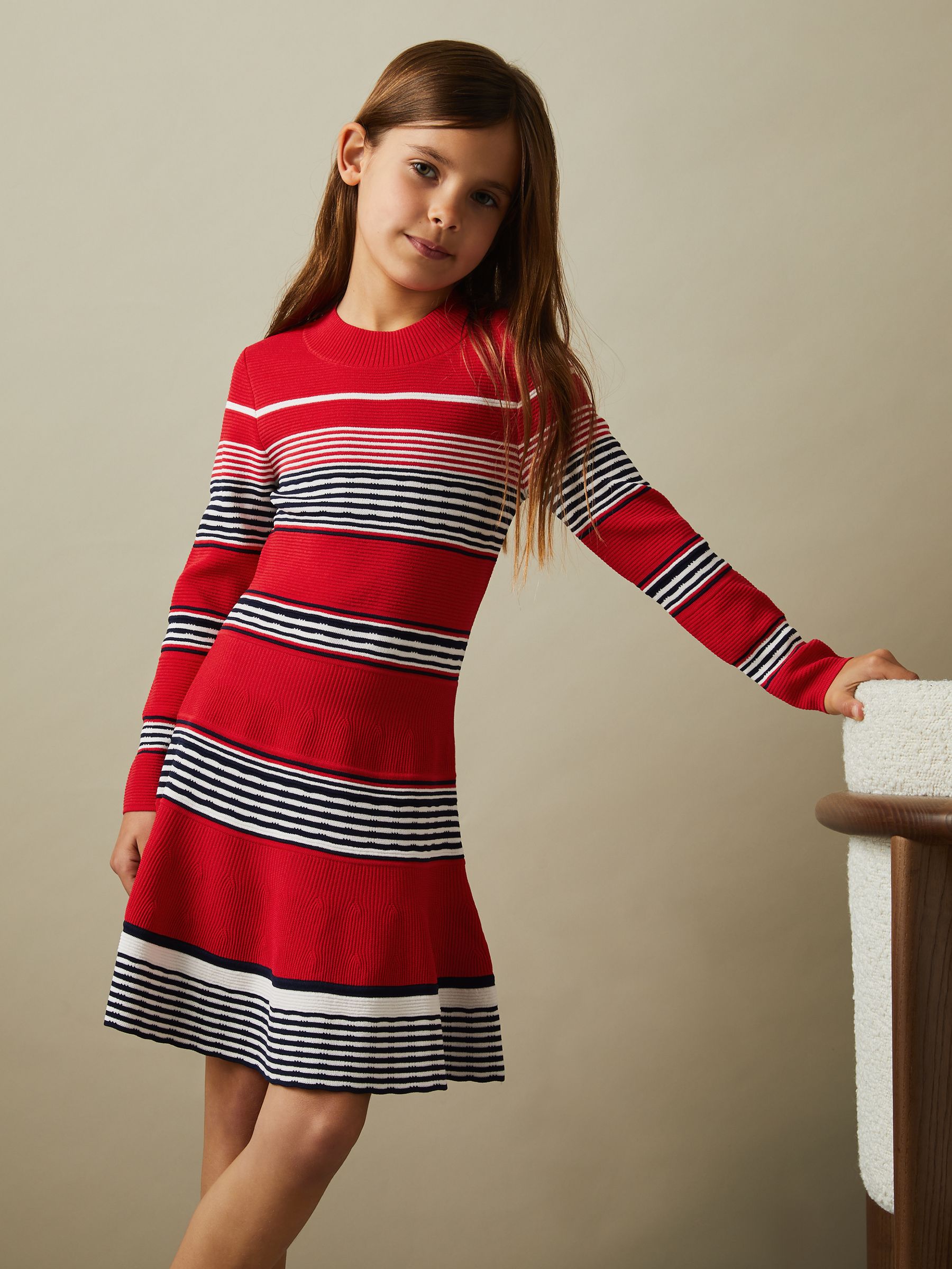 9-13 yrs Knitted Striped Skater Dress in Red - Image 1 of 4