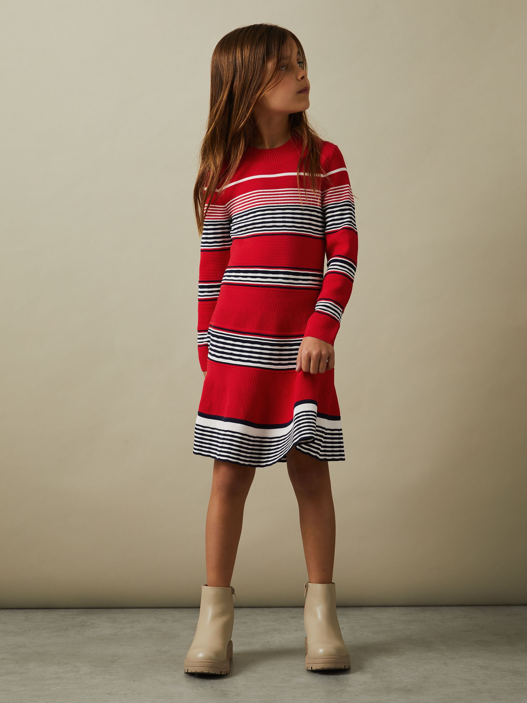 9-13 yrs Knitted Striped Skater Dress in Red - Image 3 of 4