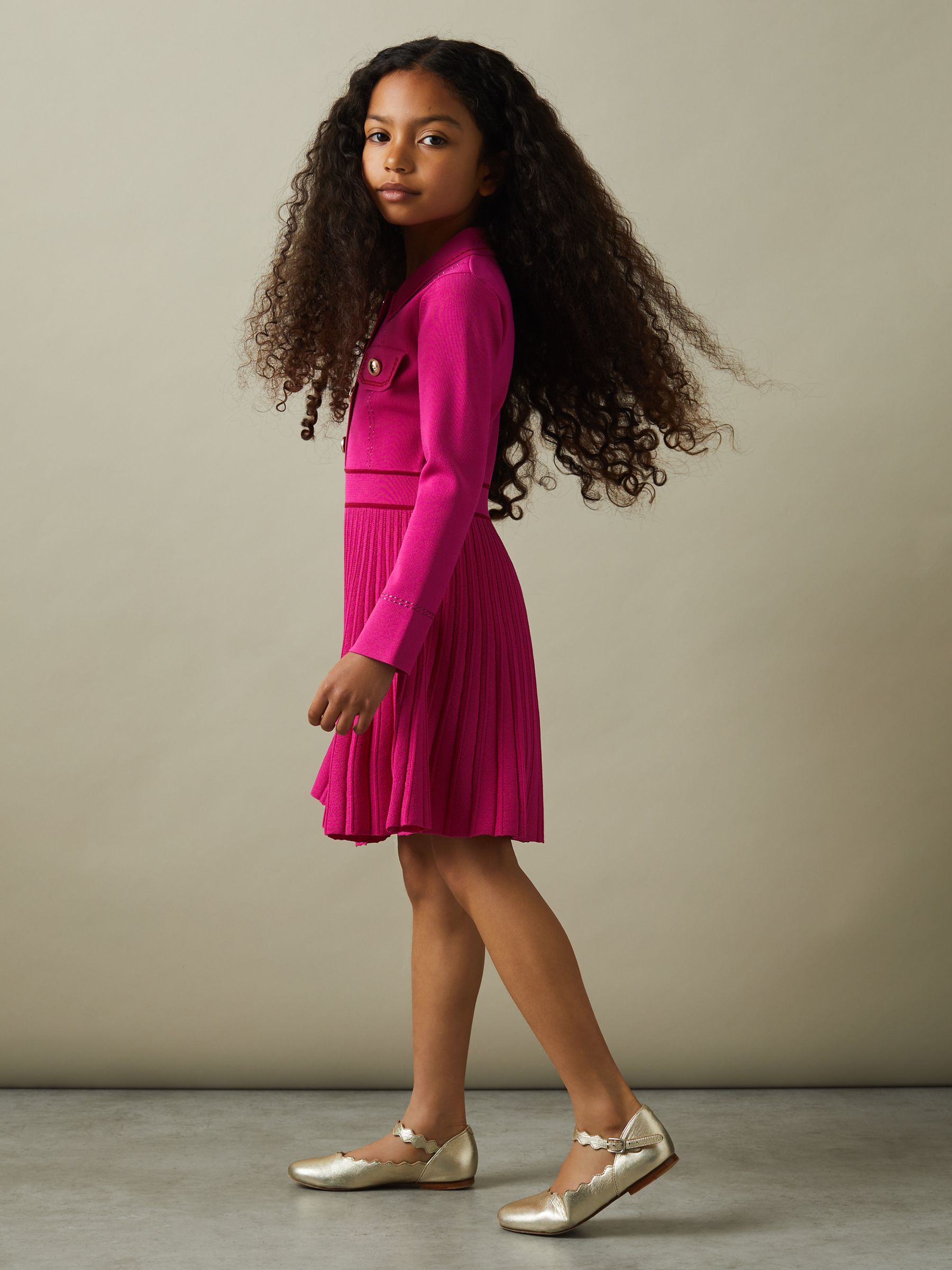 4-9 yrs Knitted Contrast Stitch Dress in Pink - Image 1 of 5