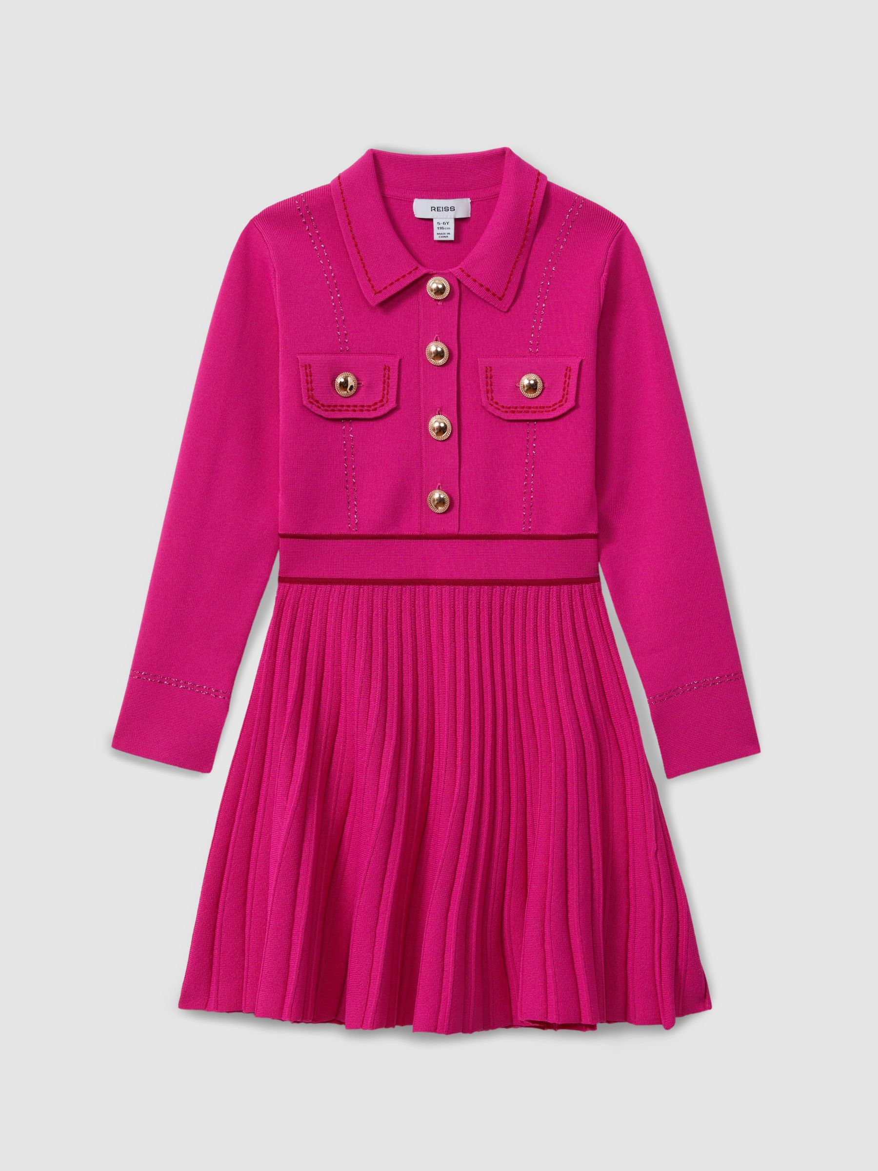 4-9 yrs Knitted Contrast Stitch Dress in Pink - Image 2 of 5