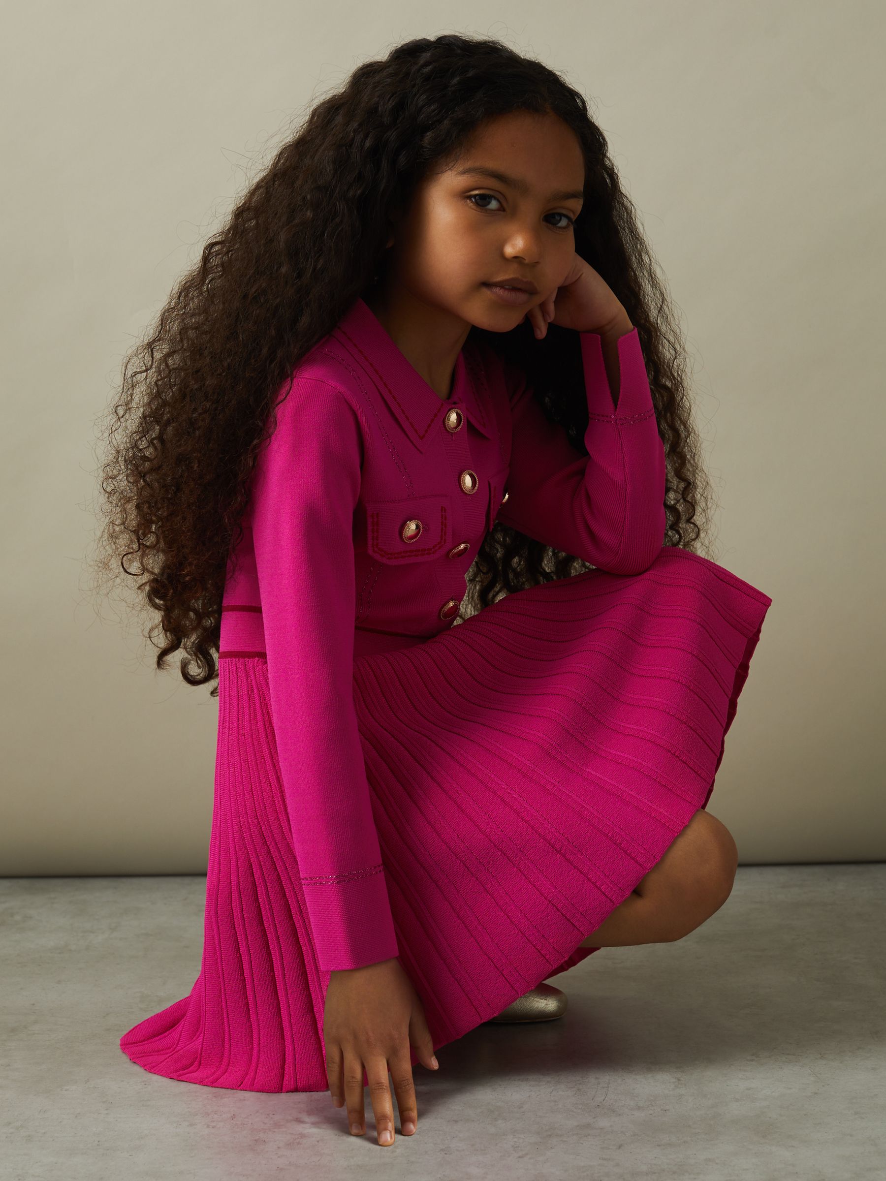 4-9 yrs Knitted Contrast Stitch Dress in Pink - Image 4 of 5