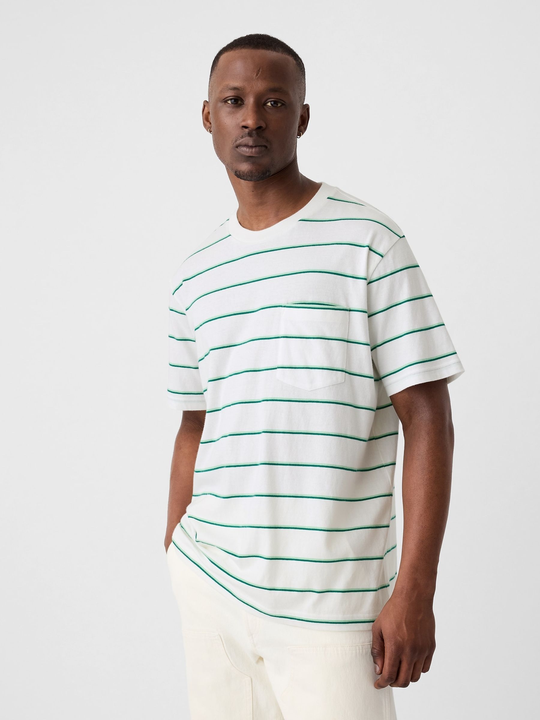 White/Green Stripe Original Pocket Short Sleeve Crew Neck T-Shirt - Image 1 of 4
