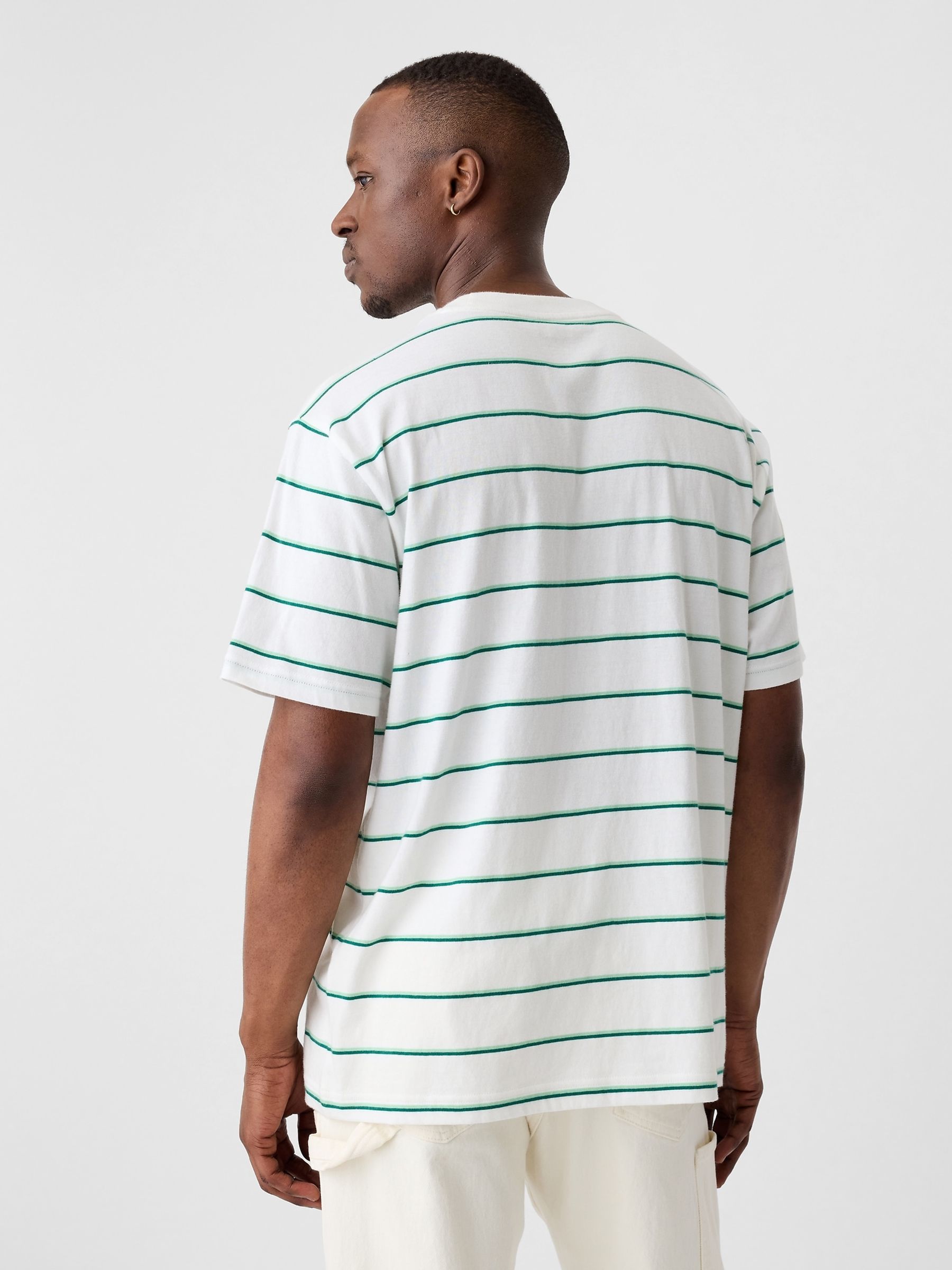 White/Green Stripe Original Pocket Short Sleeve Crew Neck T-Shirt - Image 2 of 4